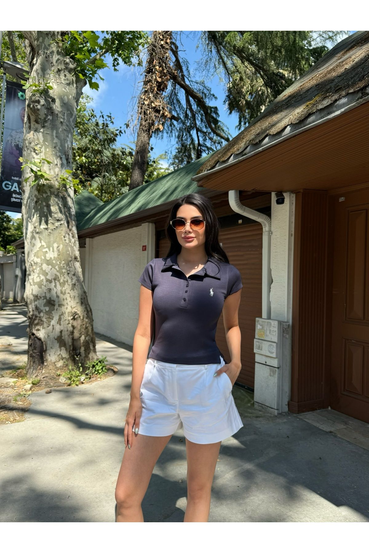 LE CARAMBOLE Kadın Antrasit Yarım Düğmeli Polo Yaka T-Shirt