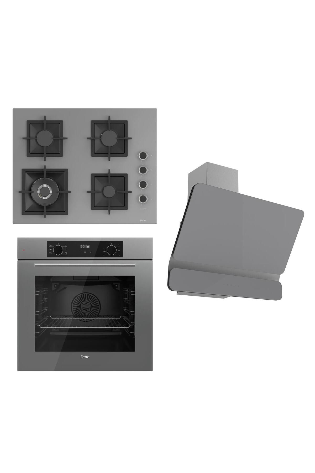 Ferre FLOWART Serisi Gri Set (SC408-WFA + QBL63CPR +D082 ) - Döküm Izgara / 65 cm Ocak