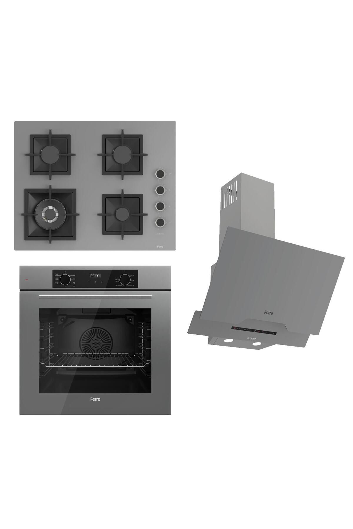 Ferre FLOWART-SILENTART Serisi Gri Set (SC408-WFA + QBL63CPR +D065-SA ) - Döküm Izgara / 65 cm Ocak