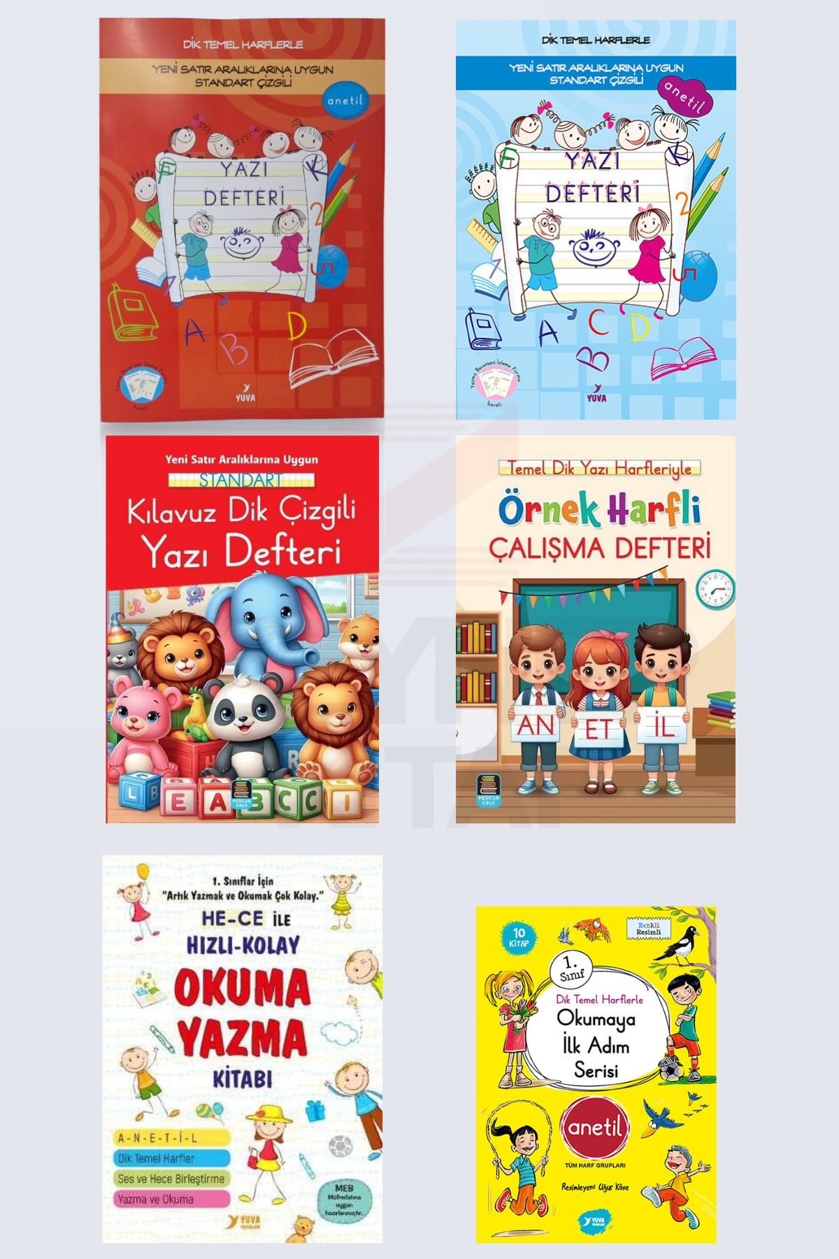 Yuva Yayınları 1.Sınıf Dik Temel Harflerle Okumaya İlk Adım Seti Anetil-Hece Kitabı ve Güzel Yazı Defteri 6 Kitap
