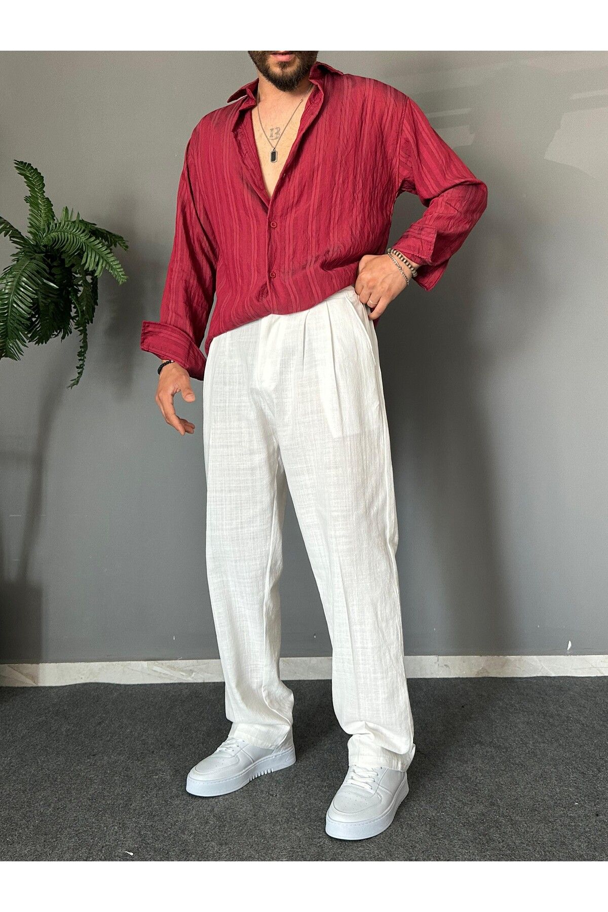 THEMANN Yüksek Bel Keten Kumaş Beyaz Baggy Pantolon
