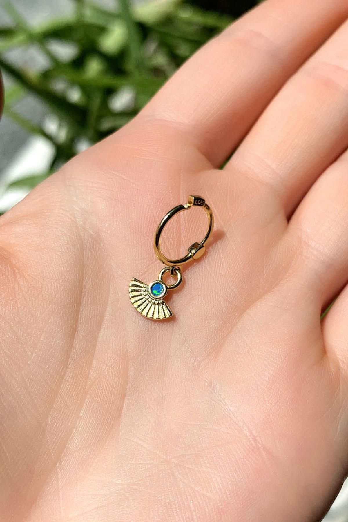 Spossy Silver Jewelry Opal Taşlı Yelpaze Tasarım Halka Piercing Küpe