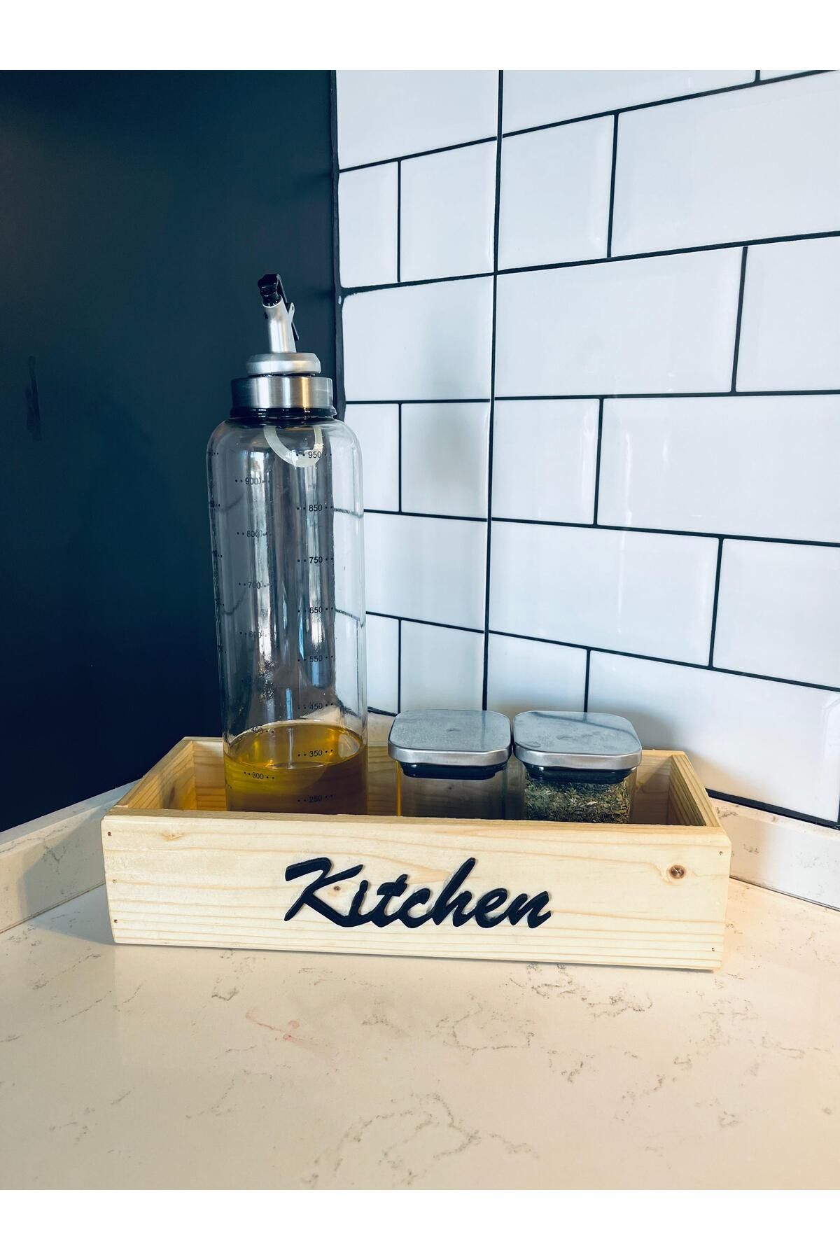 SRGlobal Kitchen Yazılı Ahşap Kasa Kutu Organizer Yağdanlık Sirke Altlık Mutfak Düzenleyici Baharatlık Standı