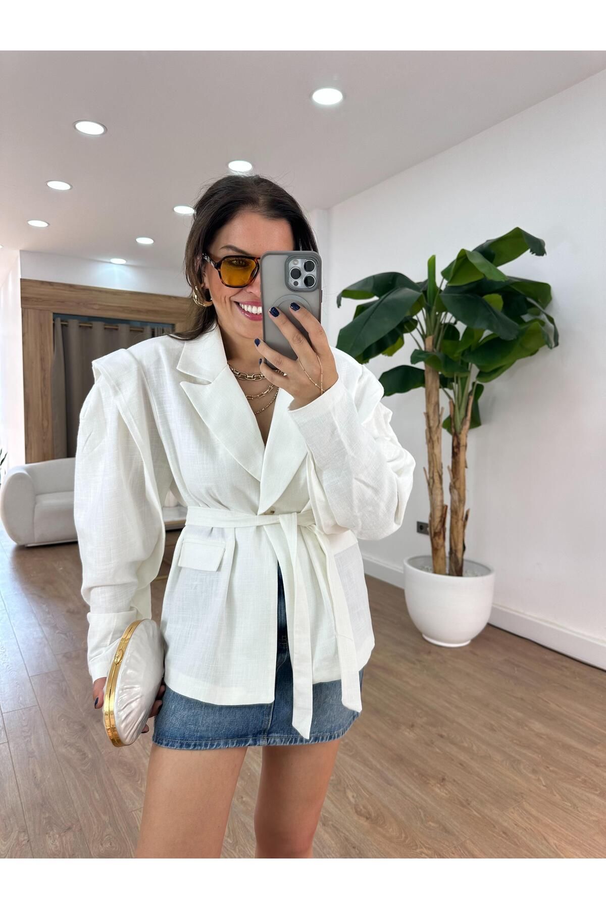 2she Oversize Keten Blazer Ceket - Beyaz