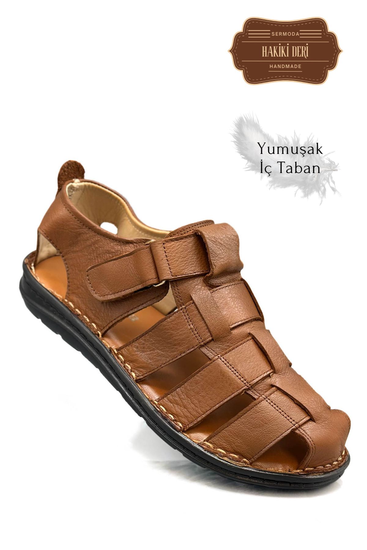 sermoda Hakiki Deri Burnu Kapalı Erkek Sandalet Taba