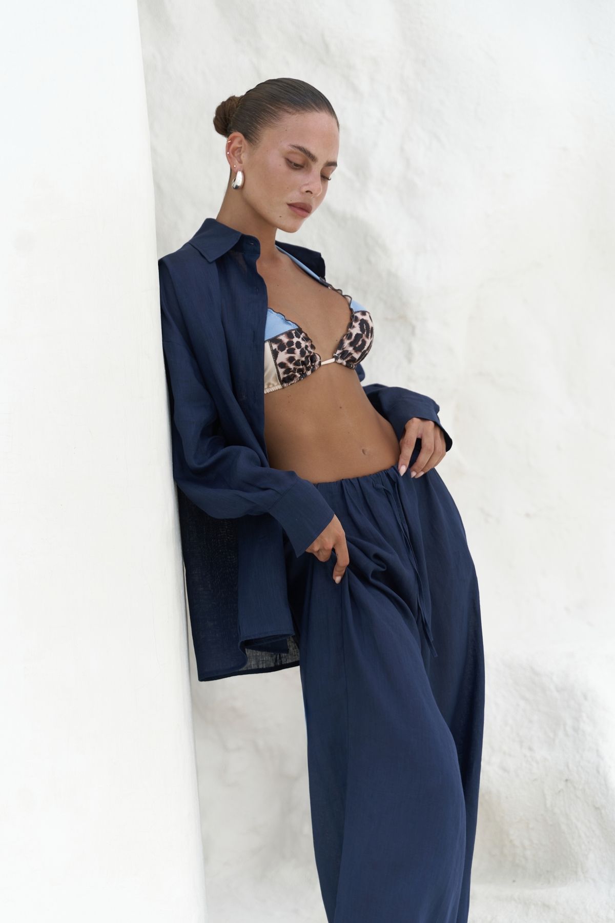 BOHEMAİ Jelsomina Oversize Lacivert Keten Gömlek Pantolon Takım
