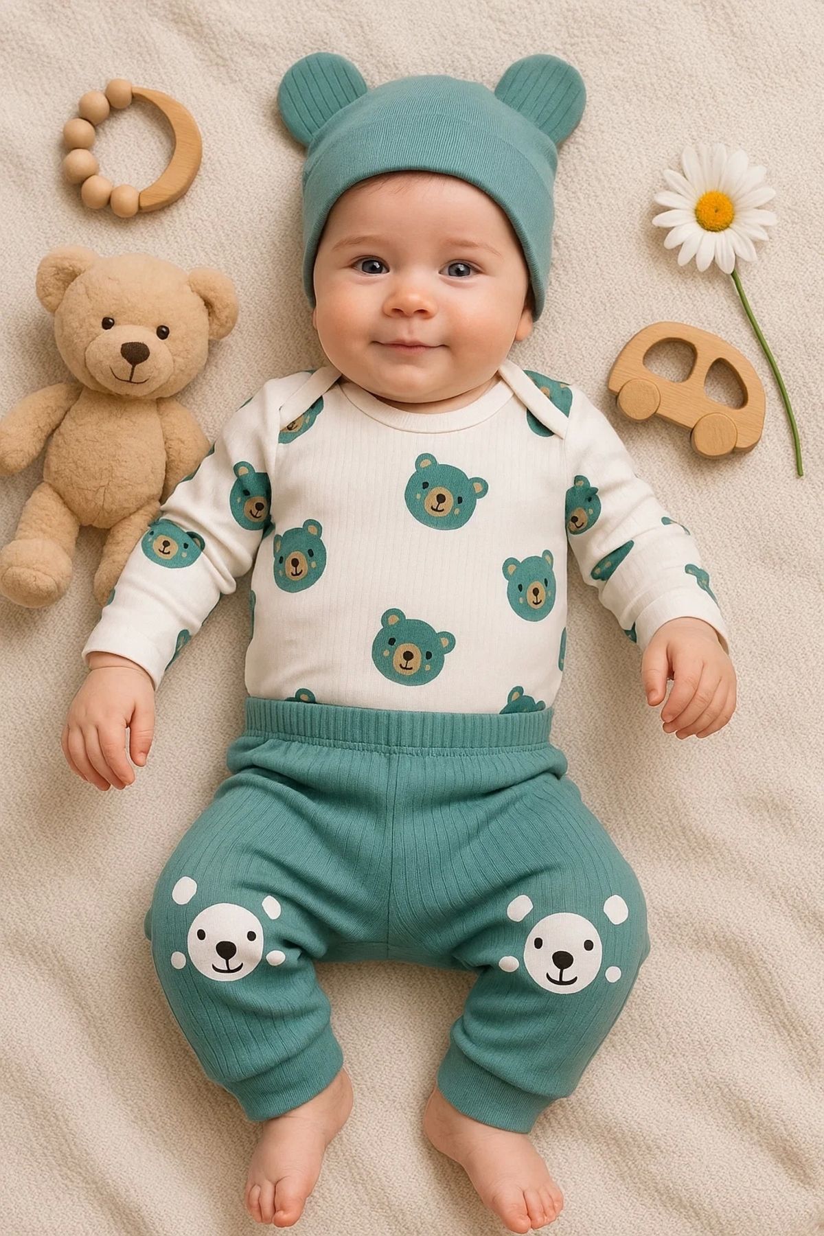 Beruflic Kulaklı Ayıcık % 100 Pamuk 3'lü Erkek Bebek Takım