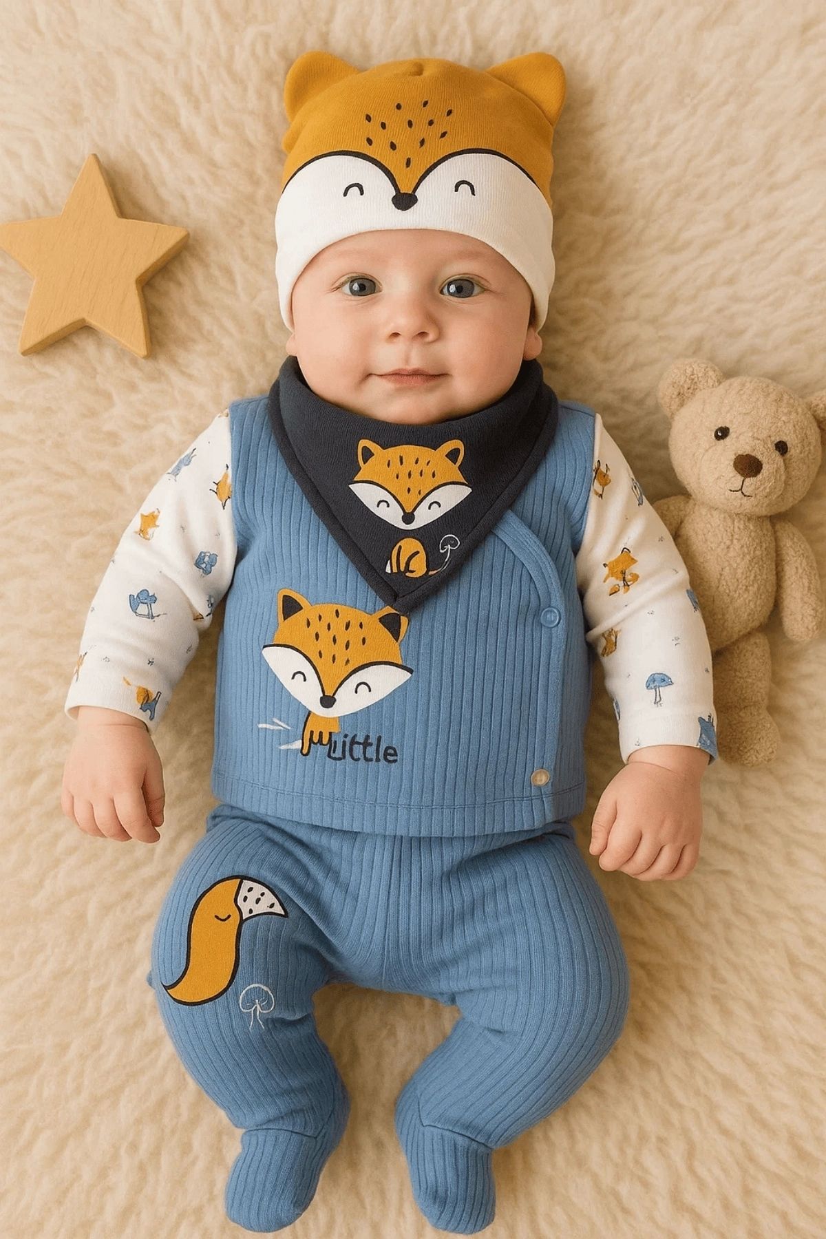 Beruflic Little Fox Nakışlı 5'li % 100 Pamuk Erkek Bebek Hastane Çıkış Seti