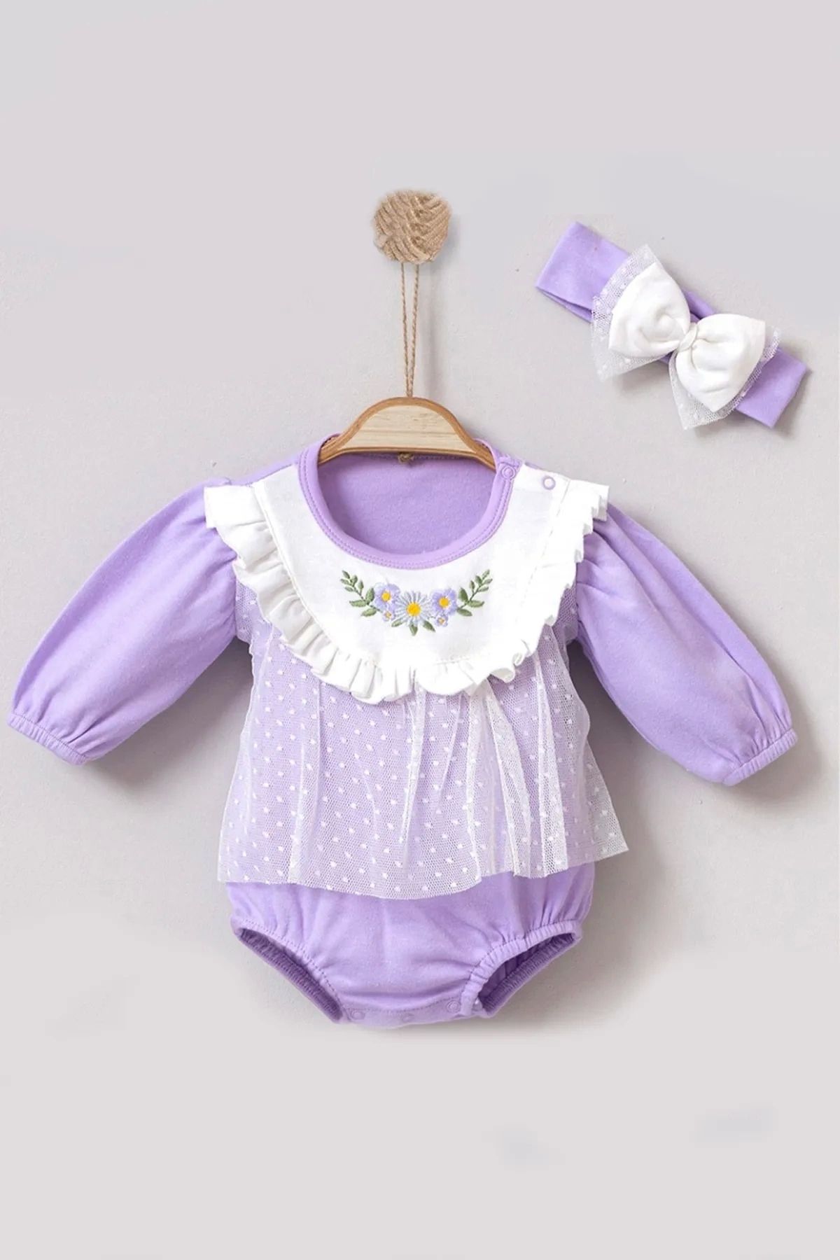 Beruflic Çiçek Nakışlı Tüllü Bandanalı Kız Bebek Romper