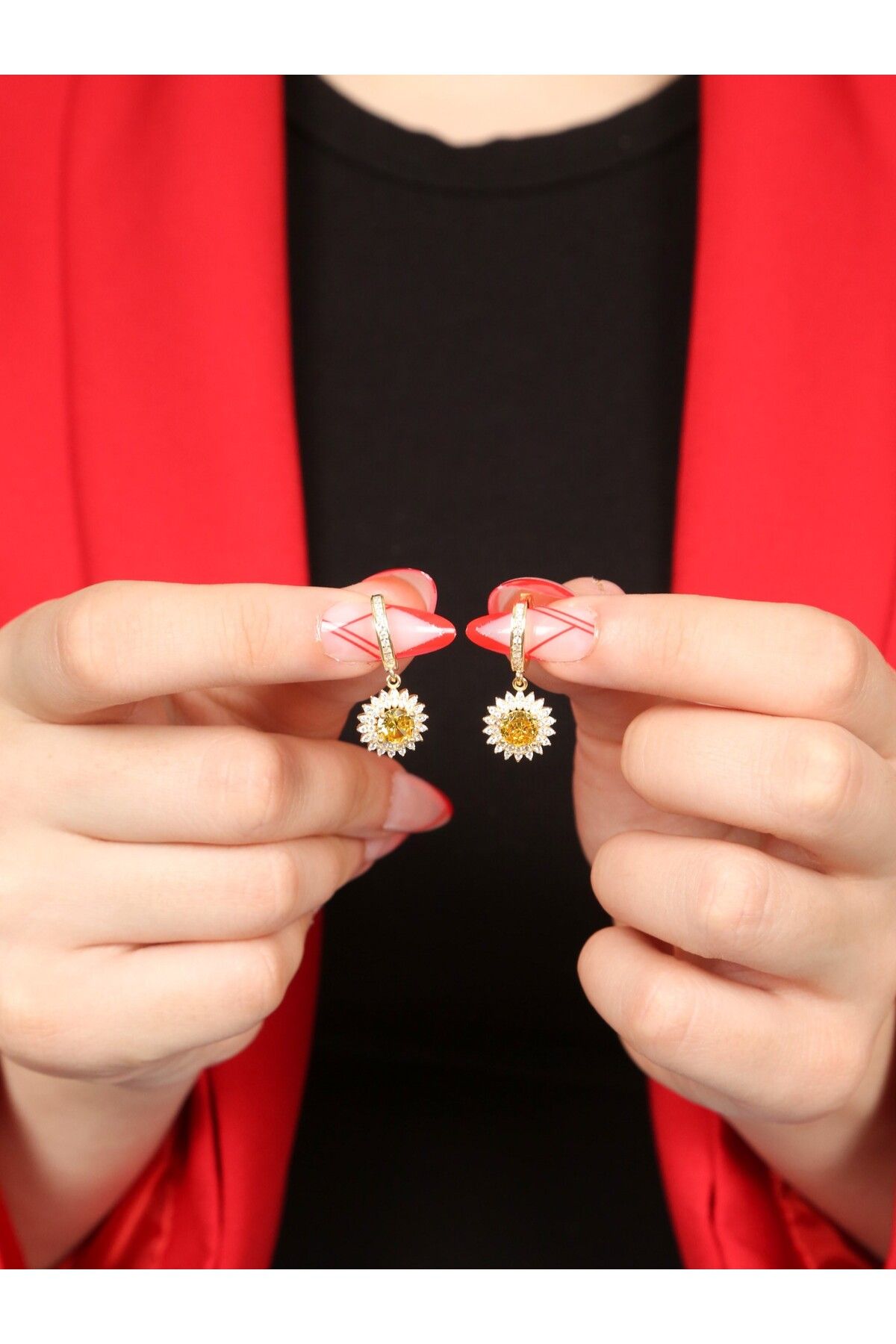 LİNOVE JEWELLERY Citrin Gümüş Küpe, 925 Ayar Gümüş Küpe, Güneş Motifli Küpe, Sarı Taşlı Gümüş Küpe