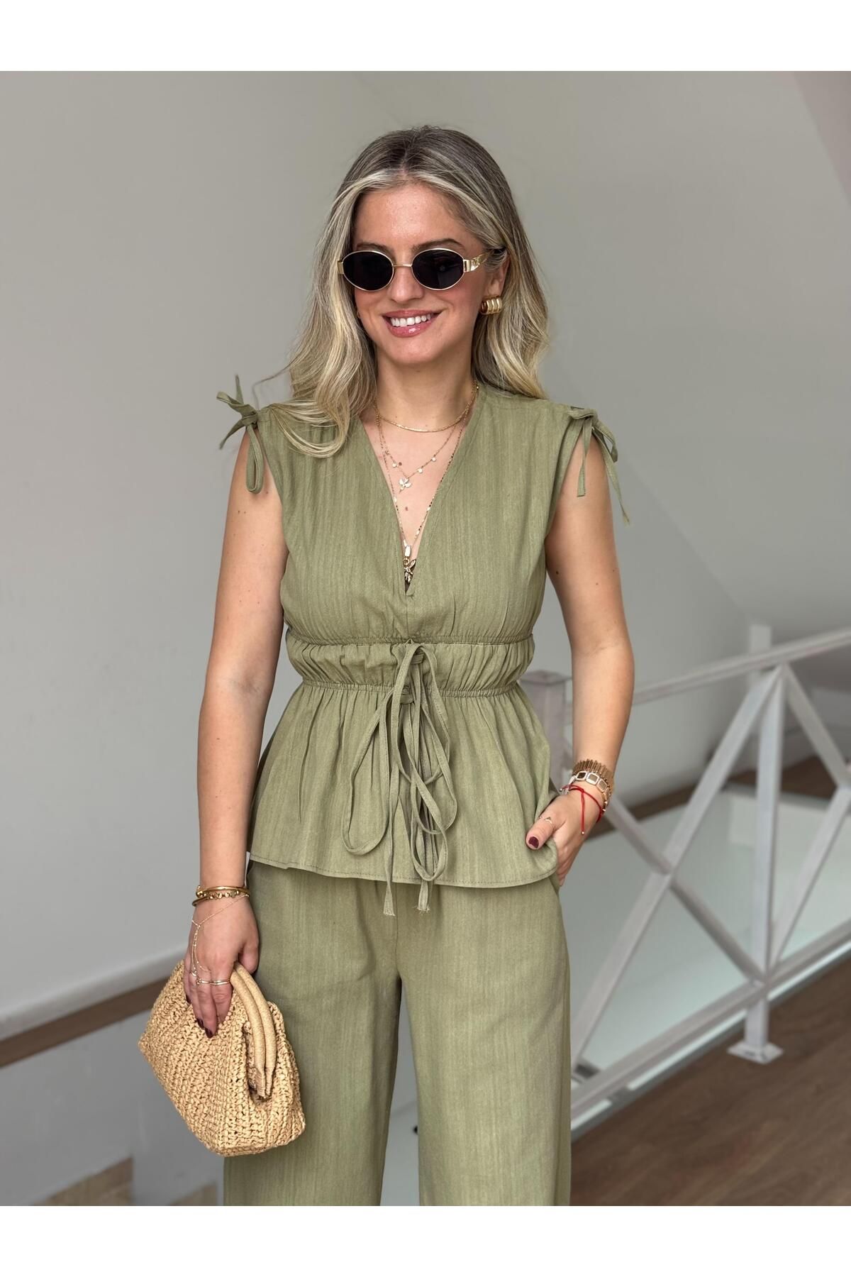 2she Lastik Detaylı Bluz Pantolon Takım - Çağla Yeşili