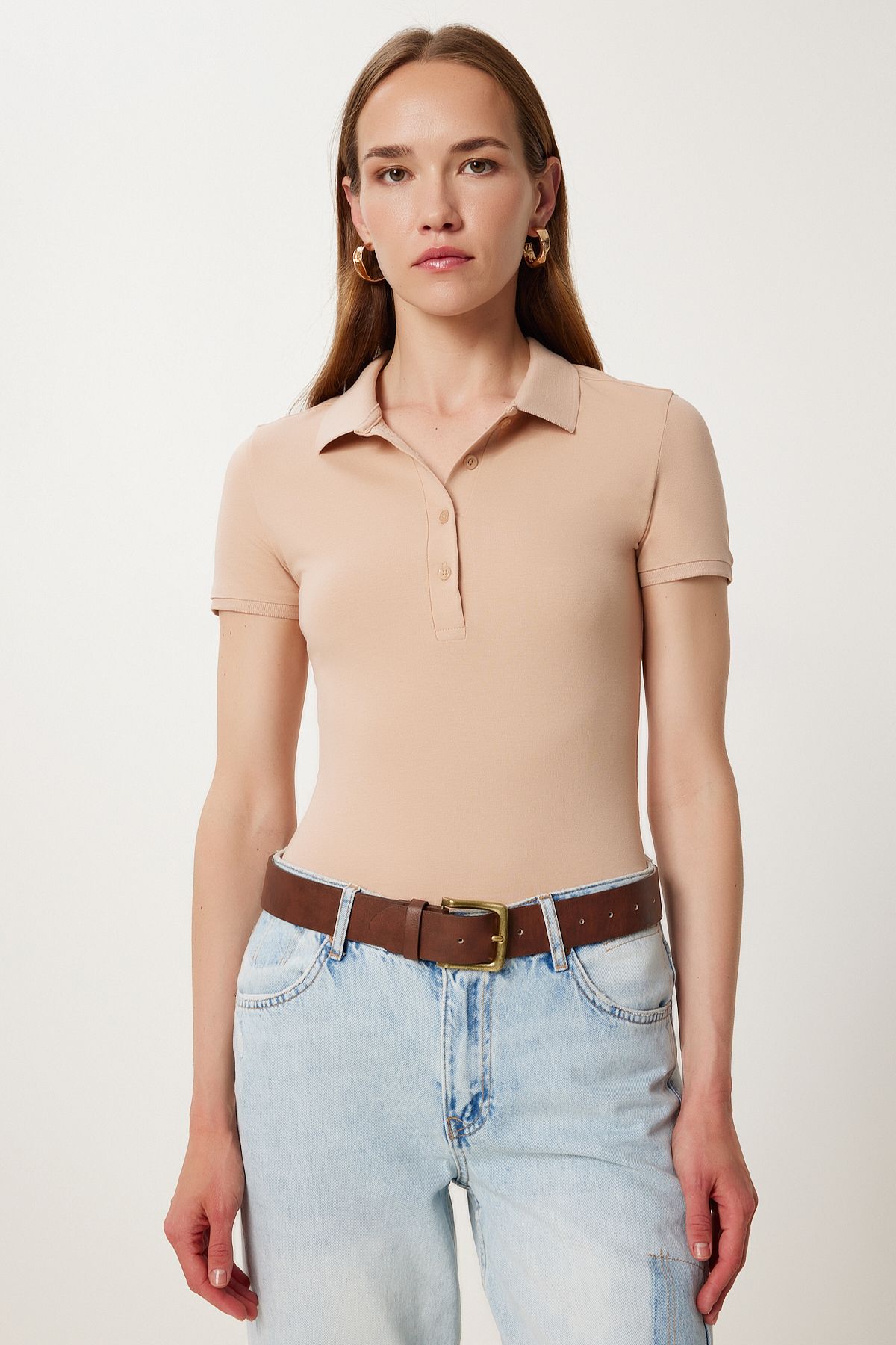 Lovelyİstanbul Polo Yaka Örme T-shirt CAMEL LFK0011