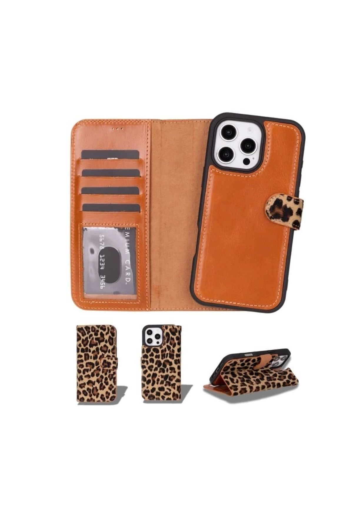Emperium Apple iPhone 16 Pro uyumlu, Hakiki Deri, El Yapımı, Cüzdanlı Kılıf, Leopar