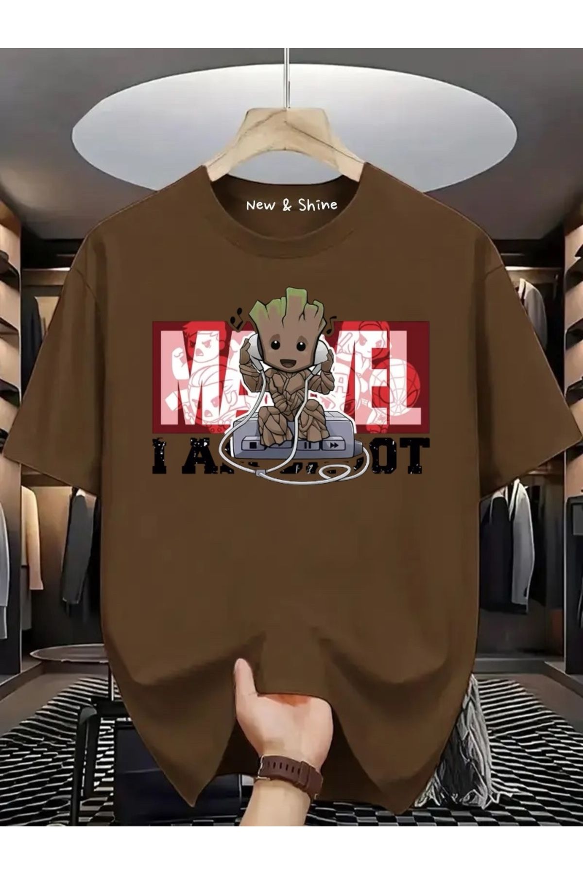 New Shine Süper Kahraman Groot Baskılı Oversize T-Shirt