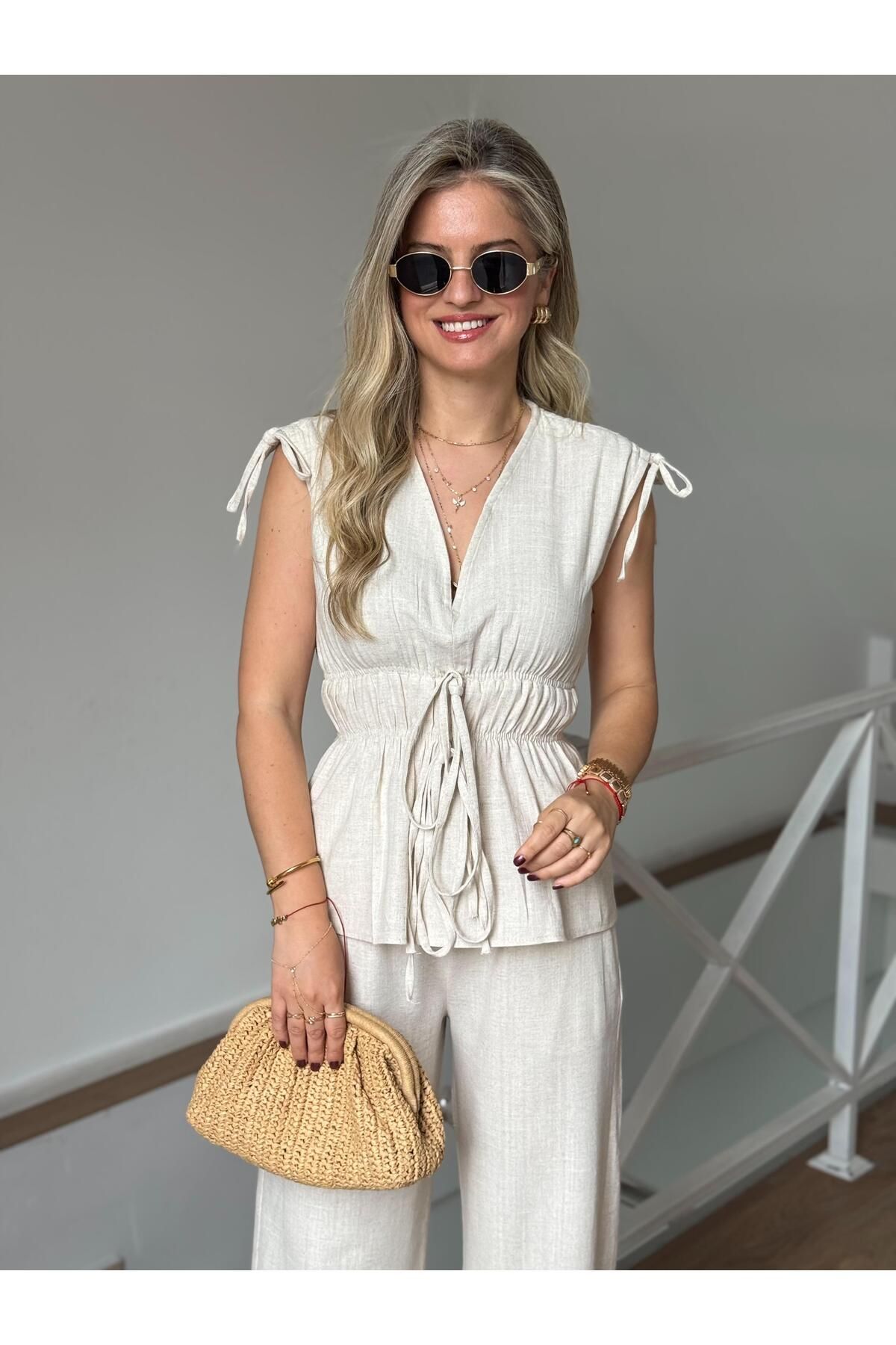 2she Lastik Detaylı Bluz Pantolon Takım - Naturel