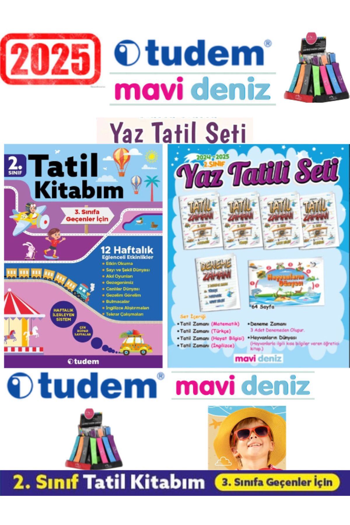 Ens Yayıncılık Tudem 2025 2.Sınıf 12 Haftalık Tatil Kitabı+Mavi Deniz 2.Sınıf Yaz Tatil Kitabı Seti(Yeni)+Kalemlik