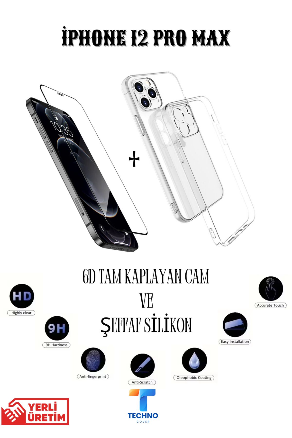 foxpower İphone 12 Pro Max 6D Tam Kaplayan Ekran Koruyucu ve Şeffaf Kılıf 2li Avantajlı Paket