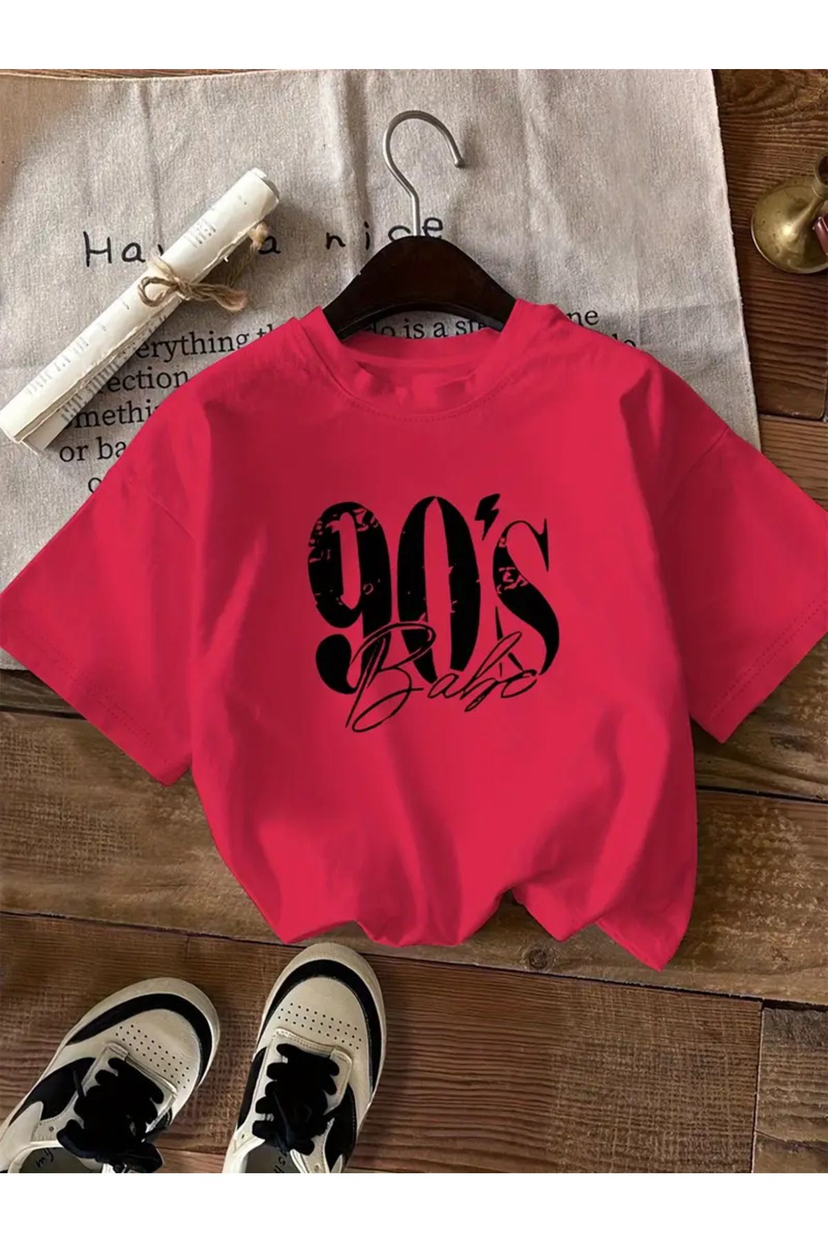 GALASHOP 90 lar Desenli Kısa Kollu Rahat Yuvarlak Yaka T-Shirt