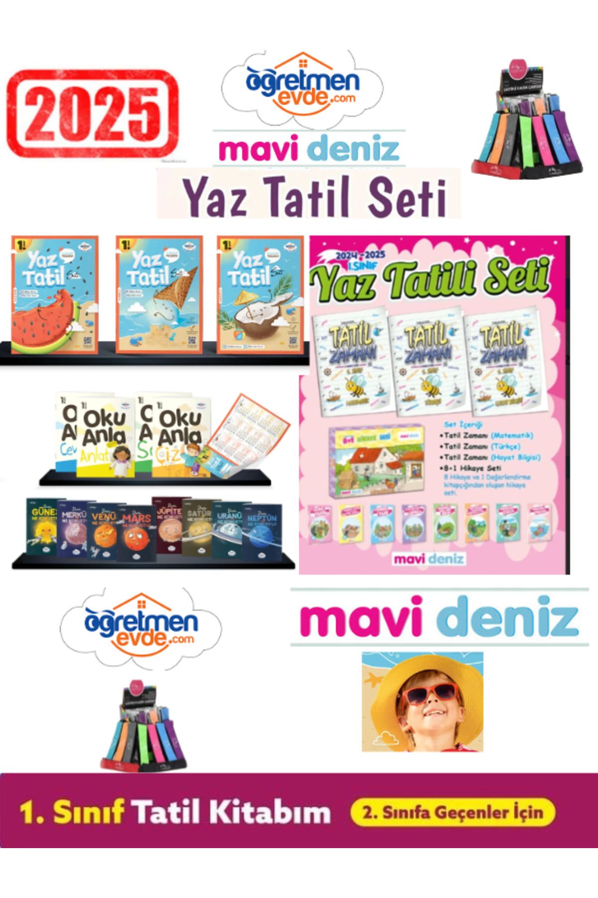 Ens Yayıncılık Öğretmen Evde 2025 1.Sınıf 18 Parça Yaz Tatil+Mavideniz 1.Sınıf Yaz Tatil 12 Kitap+Kalemlik
