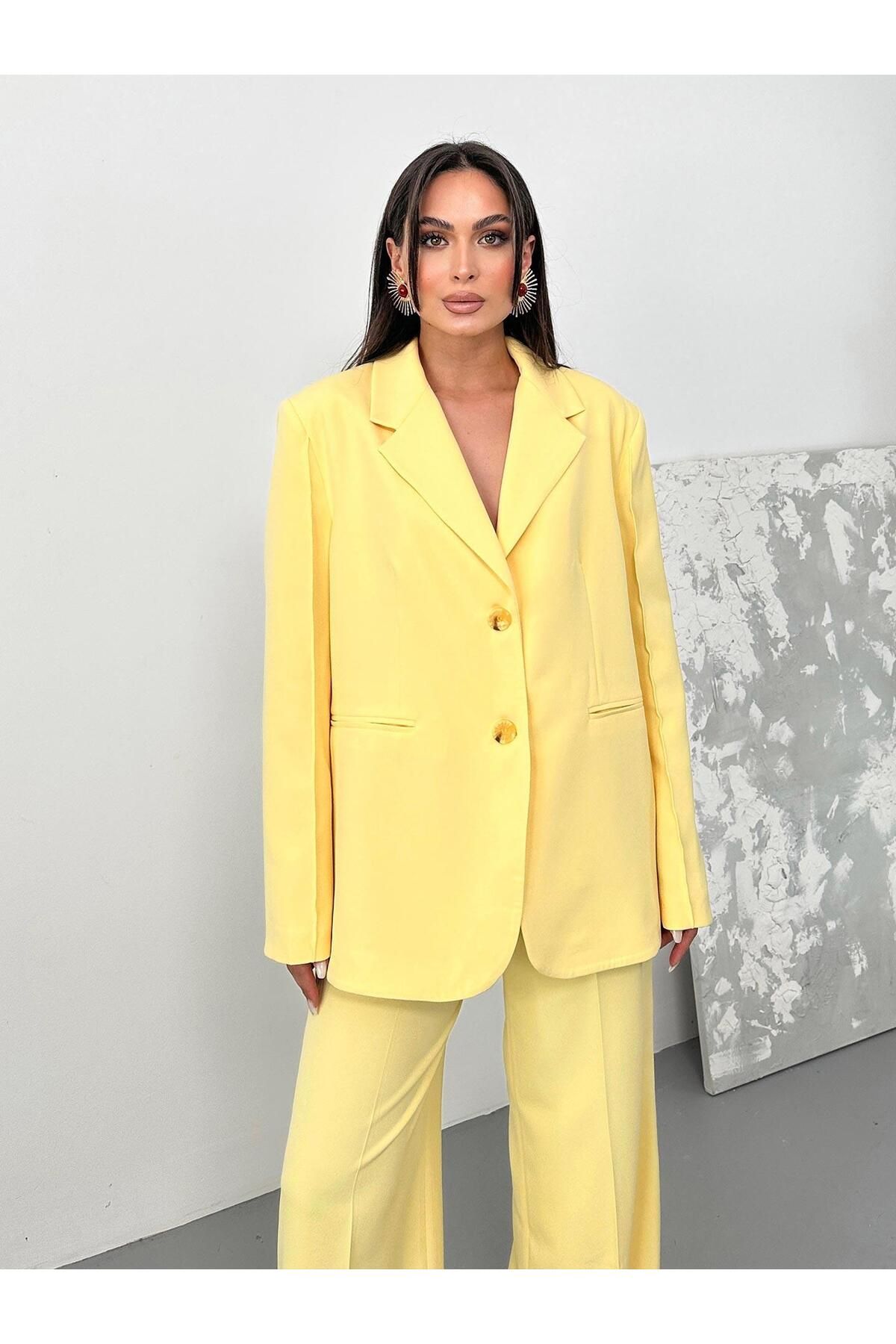 Juste Oversize Kolları Dikiş Detaylı Blazer Ceket Butter Yellow