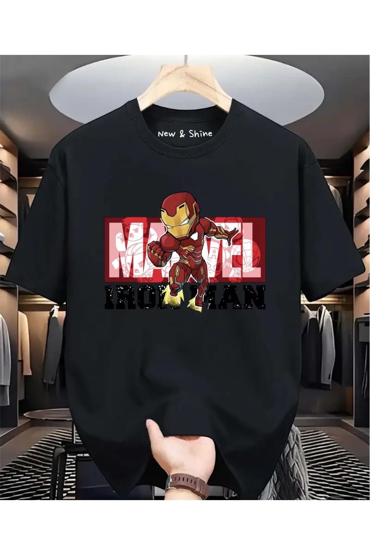 New Shine Süper Kahraman Iron Man Baskılı Oversize T-Shirt
