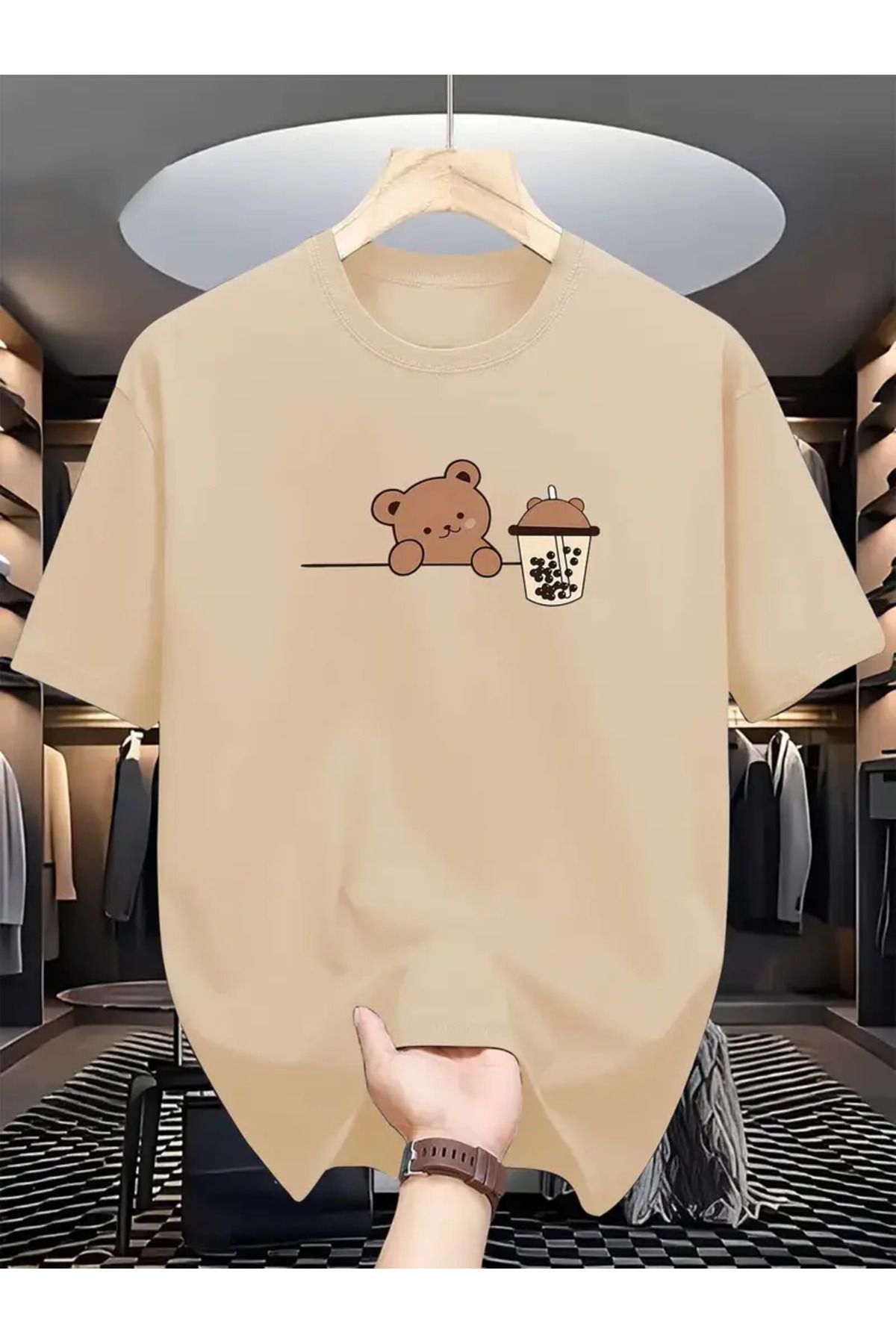 GALASHOP Erkekler için Sütlü Çay ve Ayı Baskılı Rahat Yuvarlak Yaka Tişört
