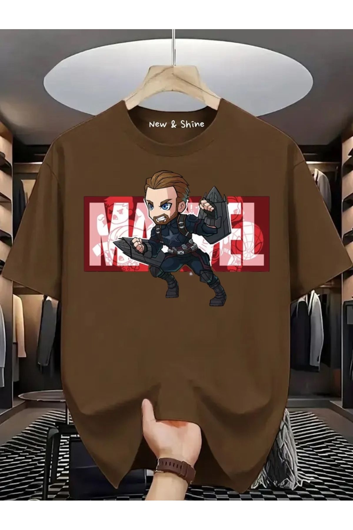 New Shine Süper Kahraman Kaptan Amerika Baskılı Oversize T-Shirt