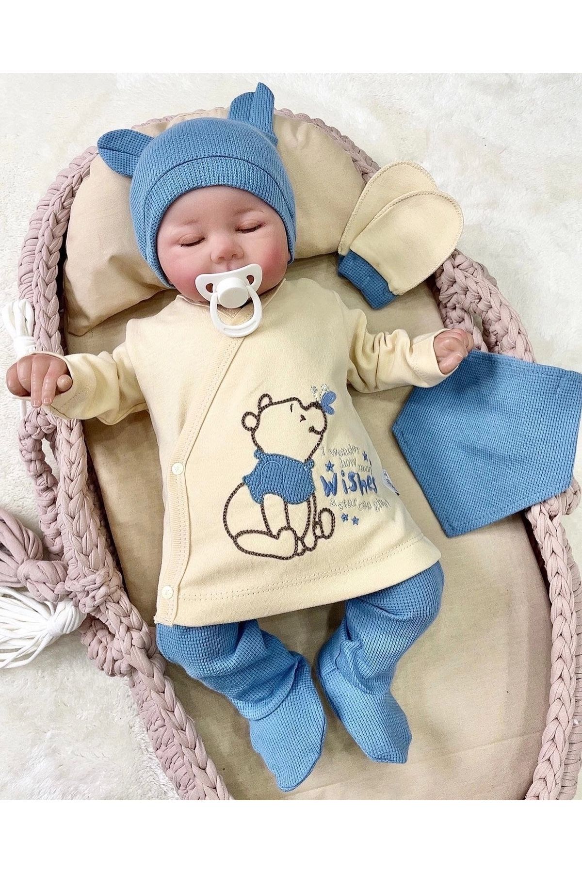 Beruflic Waffle Natural % 100 Pamuk 5'li Erkek Bebek Hastane Çıkış Seti