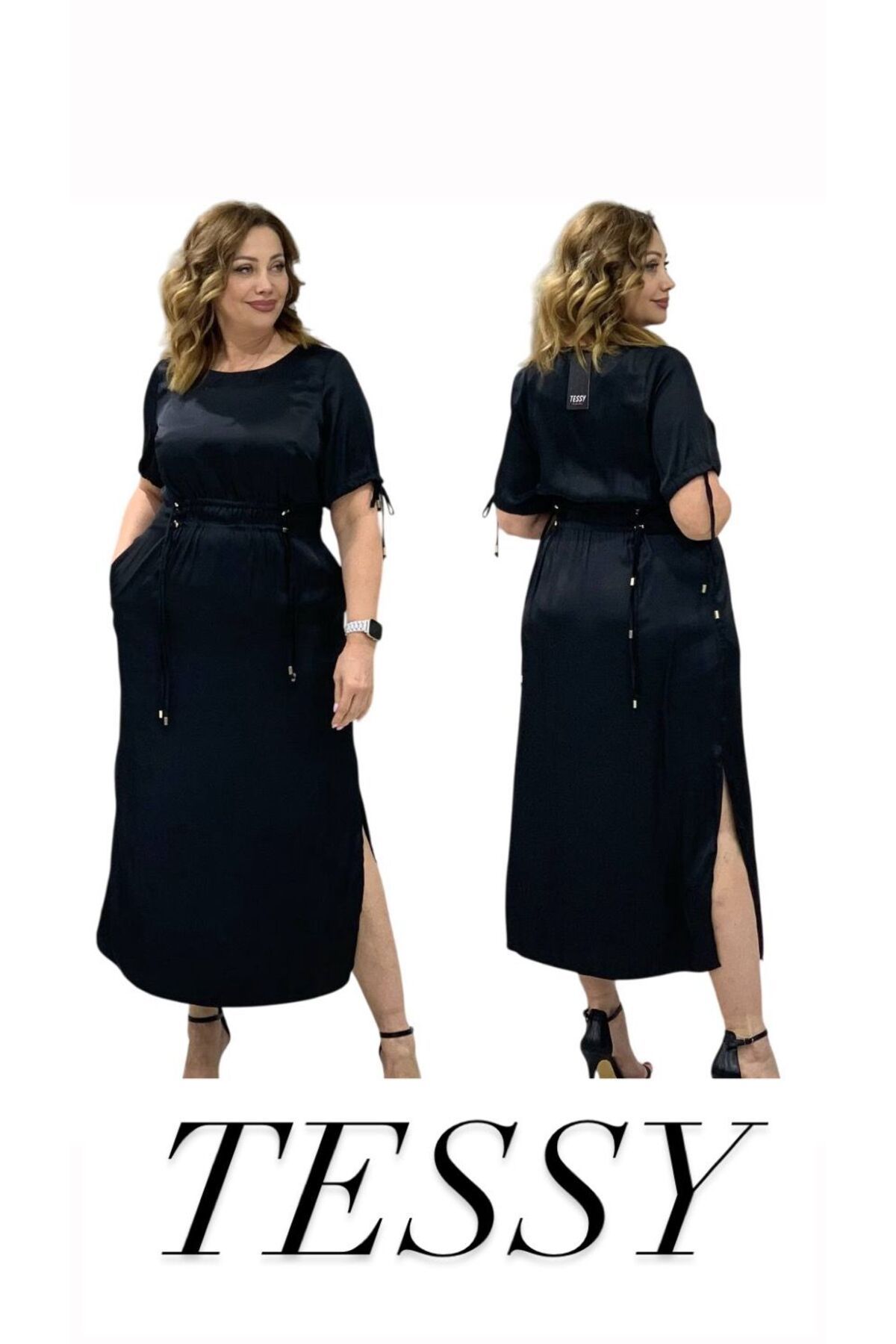 TESSY KADIN BÜYÜK BEDEN YIRTMAÇLI BELİ LASTİKLİ ELBİSE