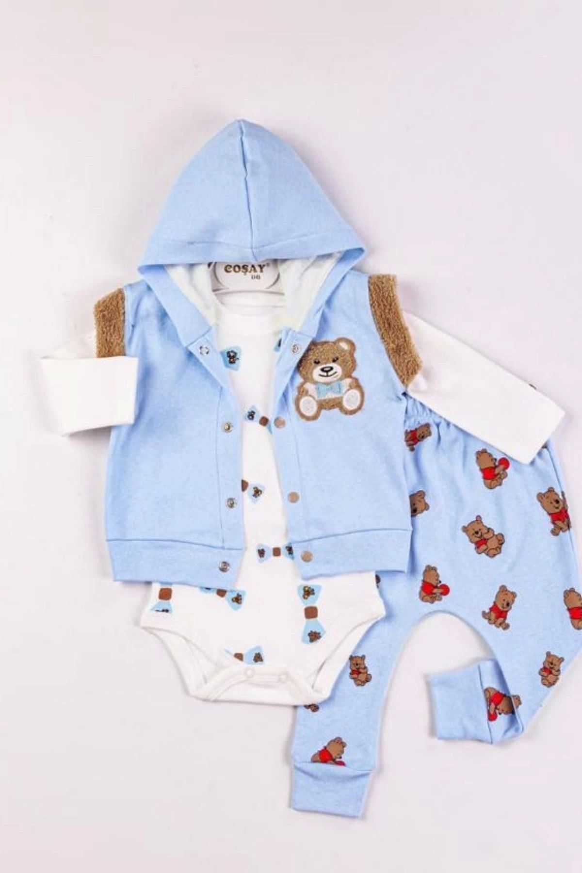 Beruflic Bear Nakışlı Yelekli 3'lü Erkek Bebek Takımı