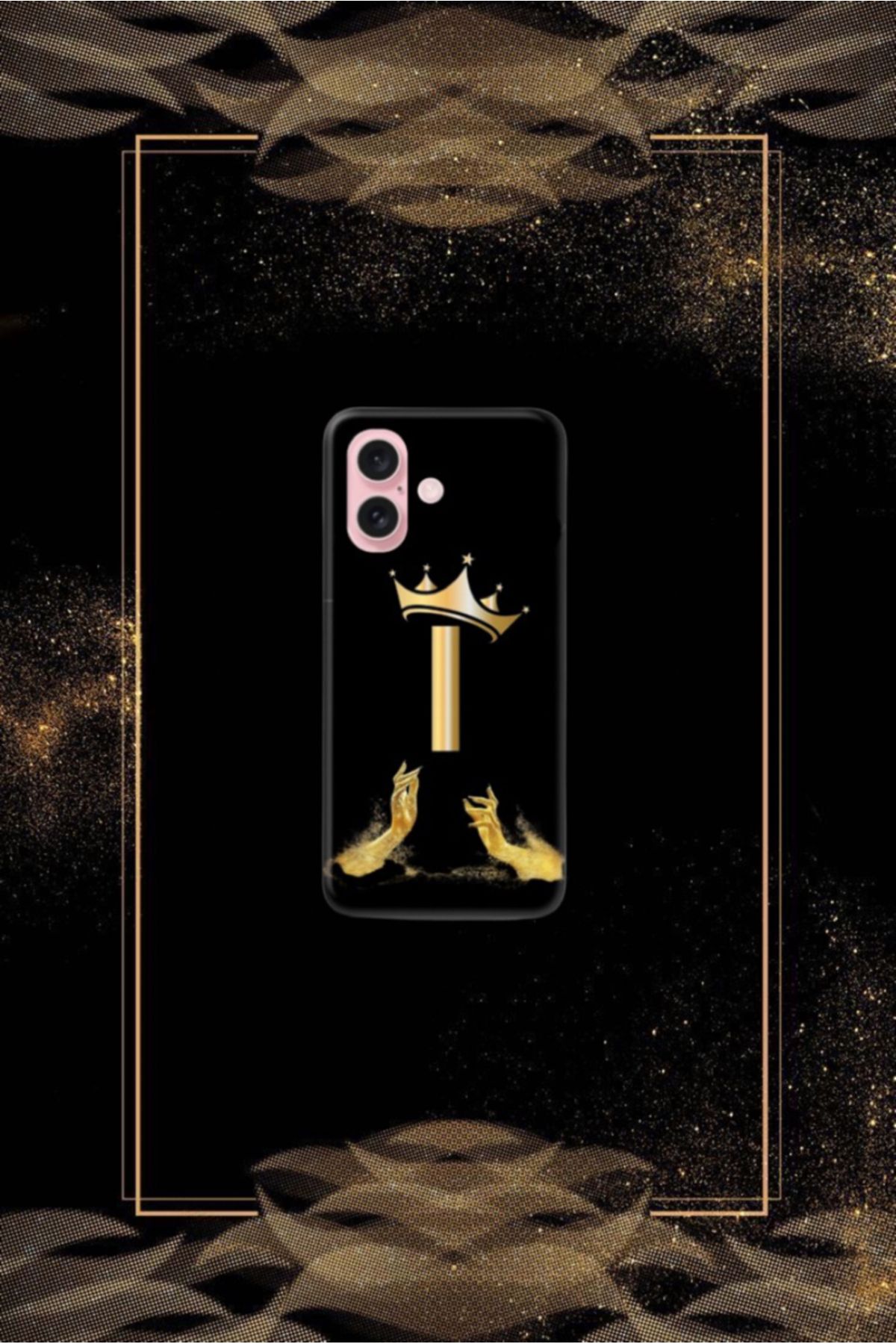 cover shopp Siyah Desenli Gold İ Harfi IP 16