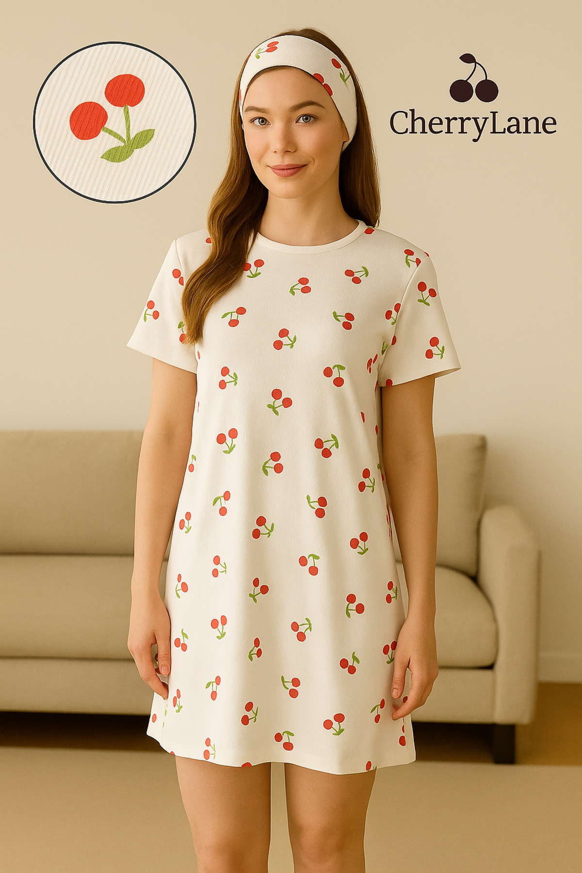 Cherry Lane Kiraz Desenli Mini Elbise & Saç Bandı Takım - 2'li Set