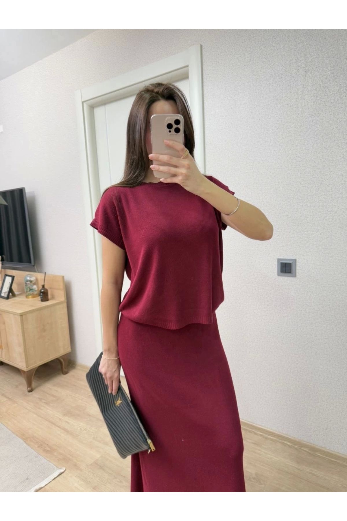 MODA Bisiklet Yaka Bluz Uzun Etekli ikili Takım Triko - Bordo