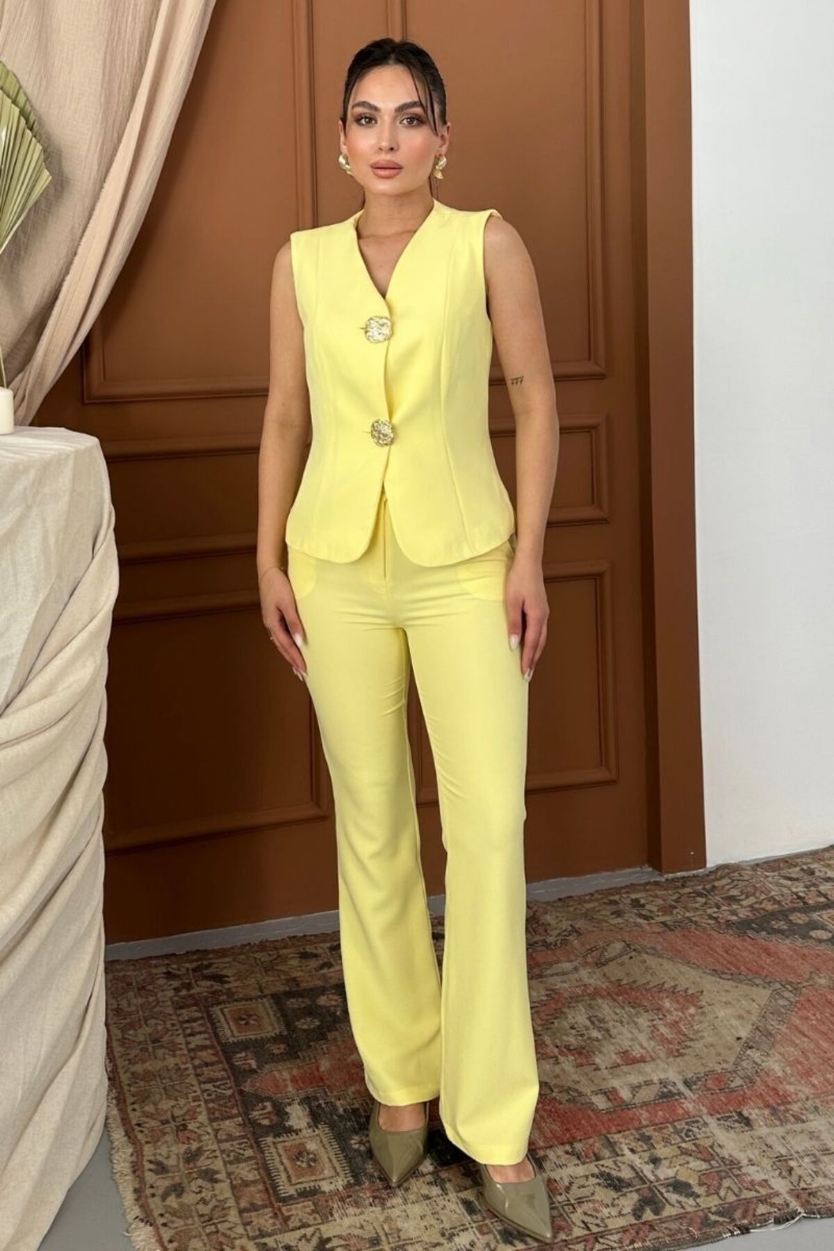 msm fashion Kadın Alt Üst Takım Şık Düğme Detaylı Yelek Pantolon İkili Takım