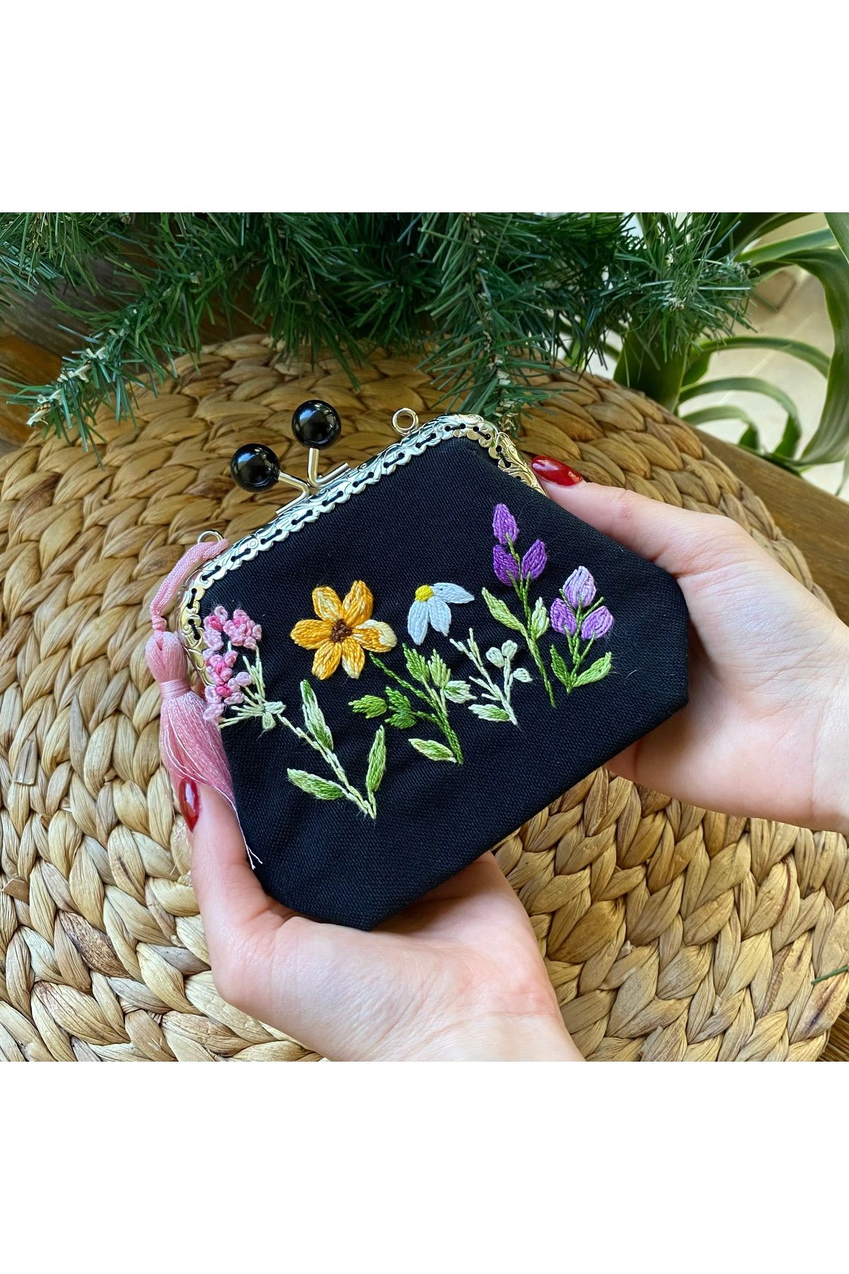Home Mini Cüzdan Siyah Keten El Işlemeli Vintage Tarzı Mini Cüzdan. 14x10 Ölçülerinde %100 El Emeği