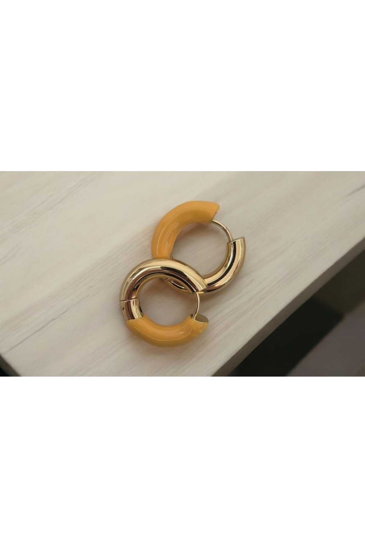takısaat Turuncu Mineli Gold Çelik Küpe