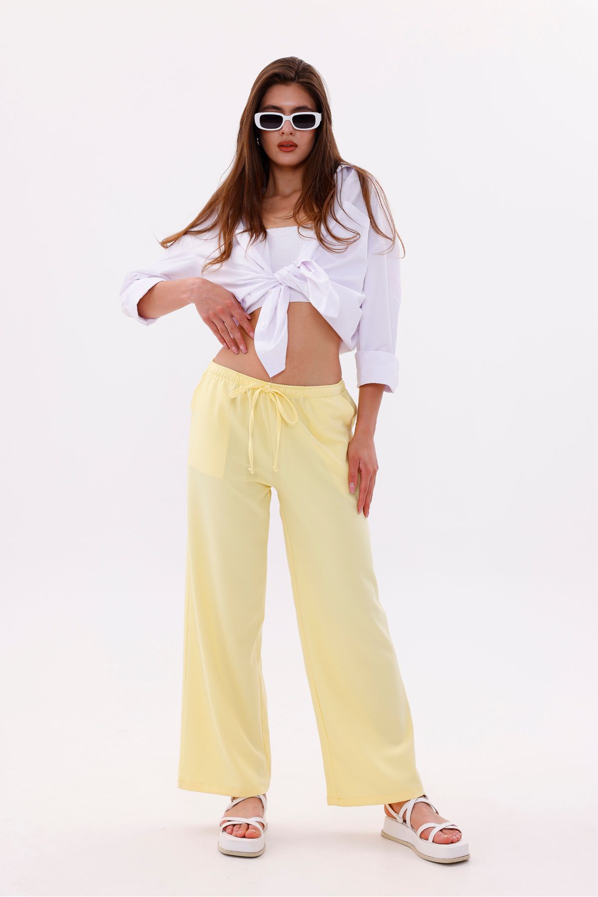 GENIUS STORE Kadın Pantolon Geniş Paça Pamuklu Viskon Cepli Pantolon Beli Lastikli GENİŞPAÇA-PANTOLON