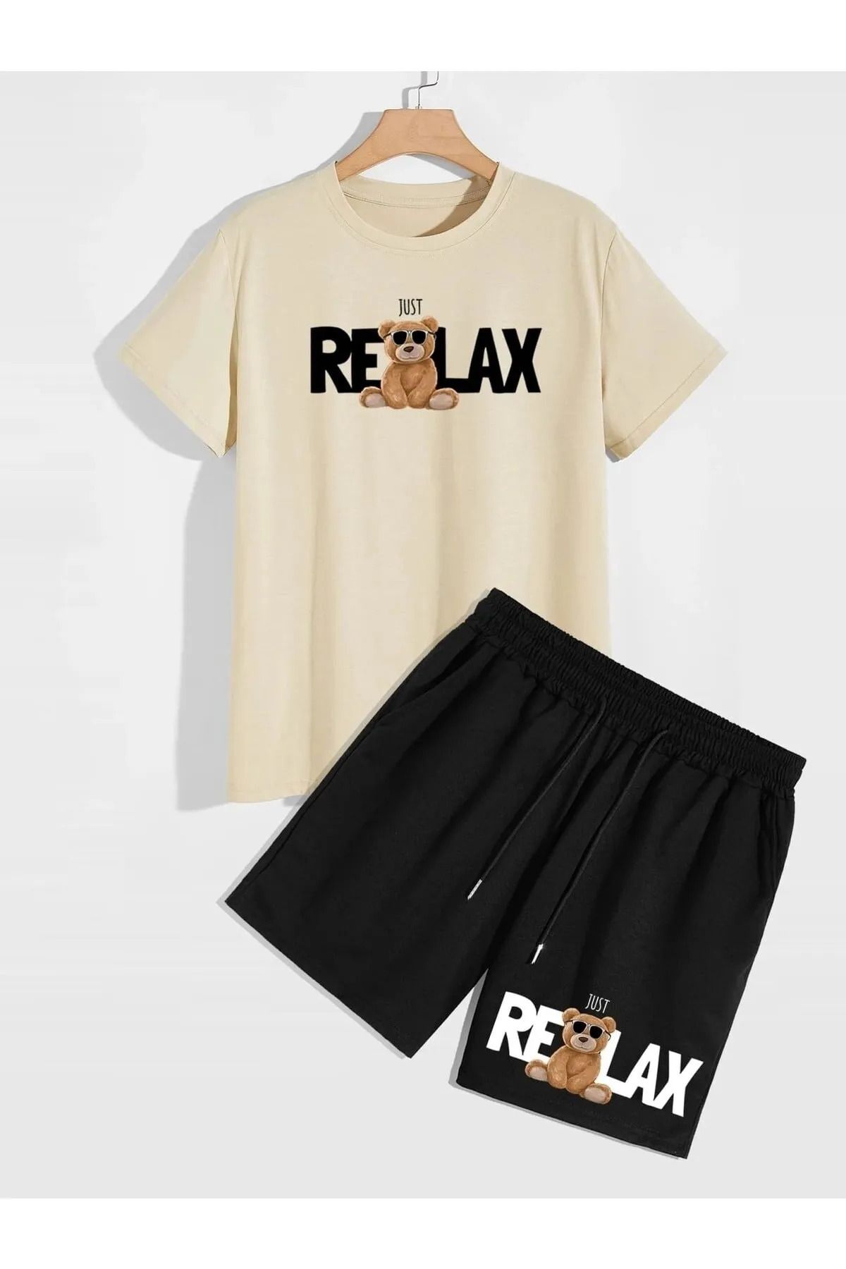 DEEPSENSE Erkek Bej T-shirt Siyah Penye Relax Ayıcık Baskılı Short Takım