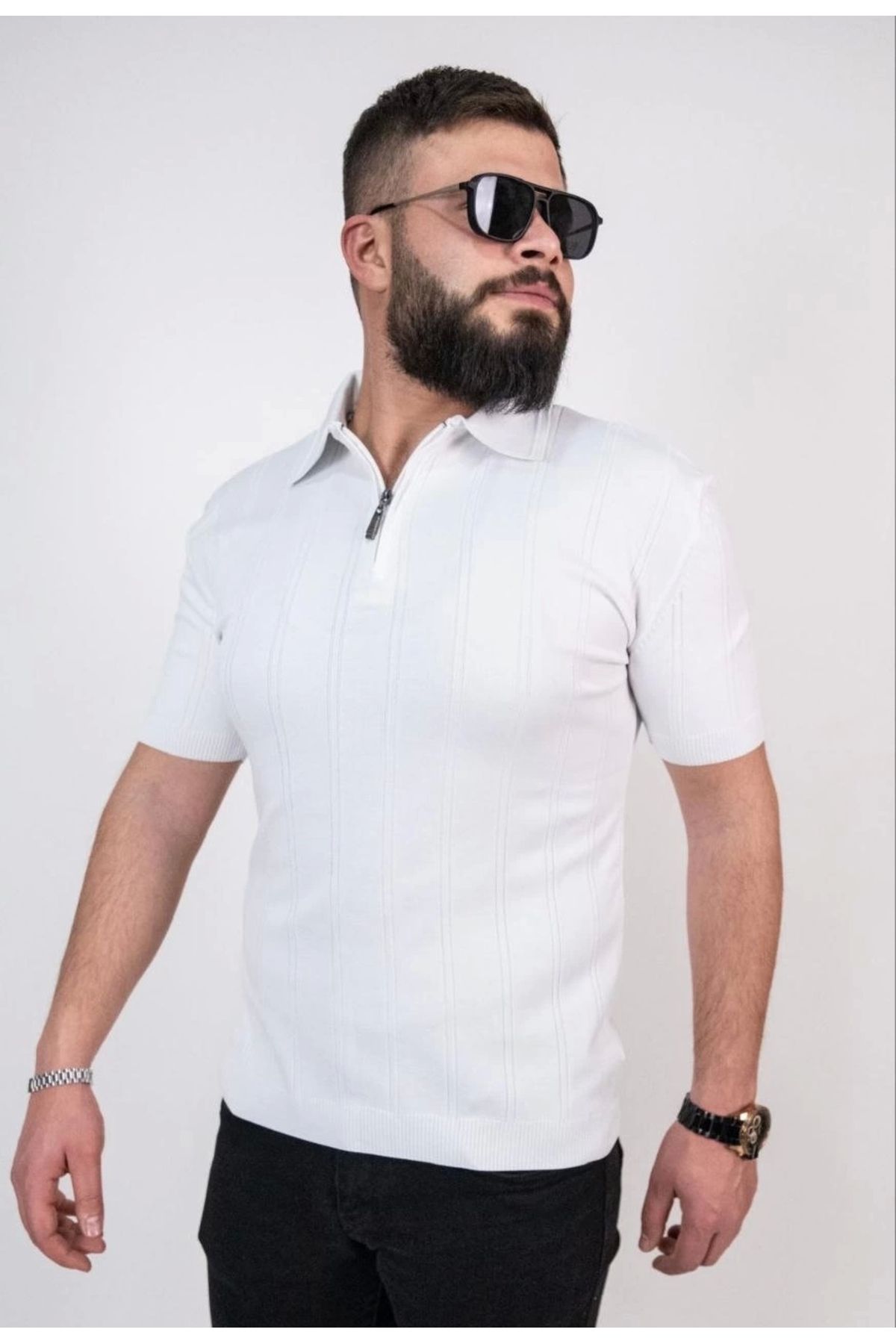 MODA Triko Dokuma Yarım Fermuarlı Yakalı T-shirt - Beyaz