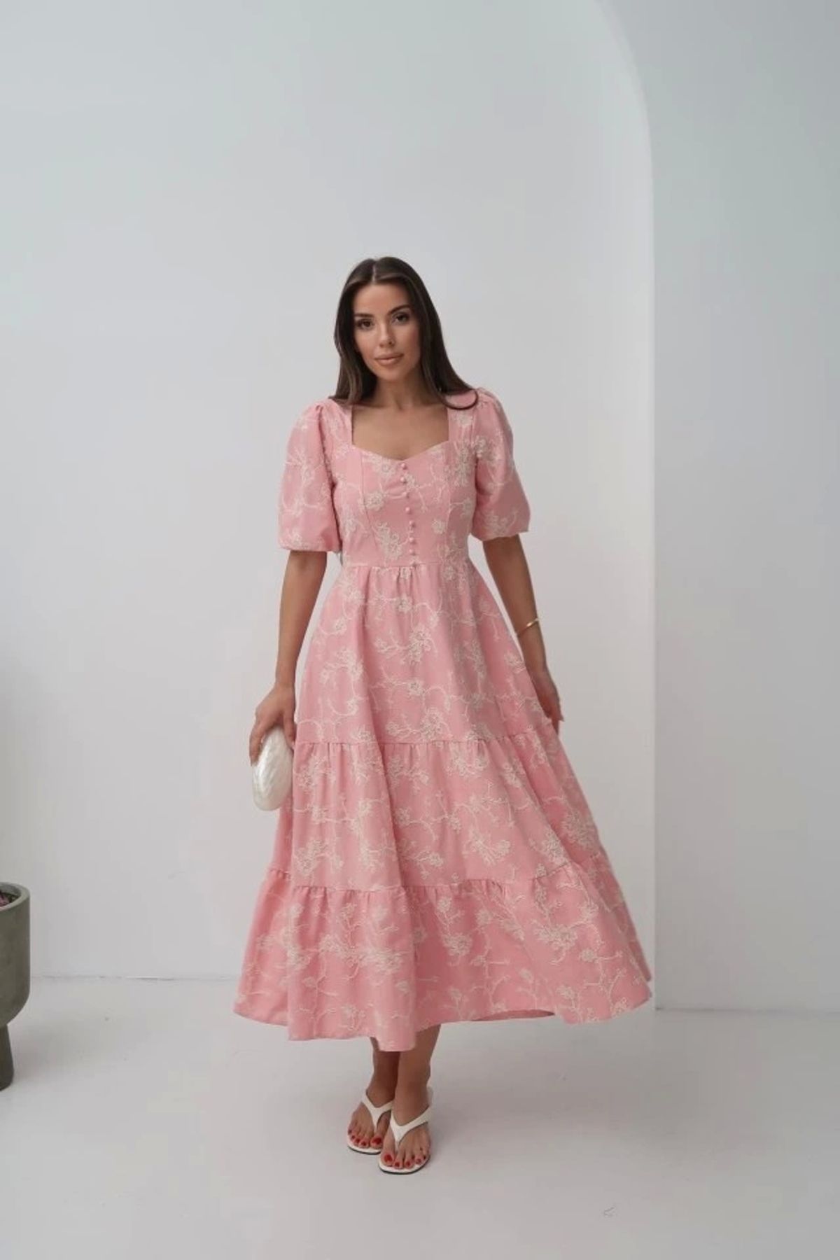 Butik Pembe Süs Düğmeli Balon Kollu Elbise