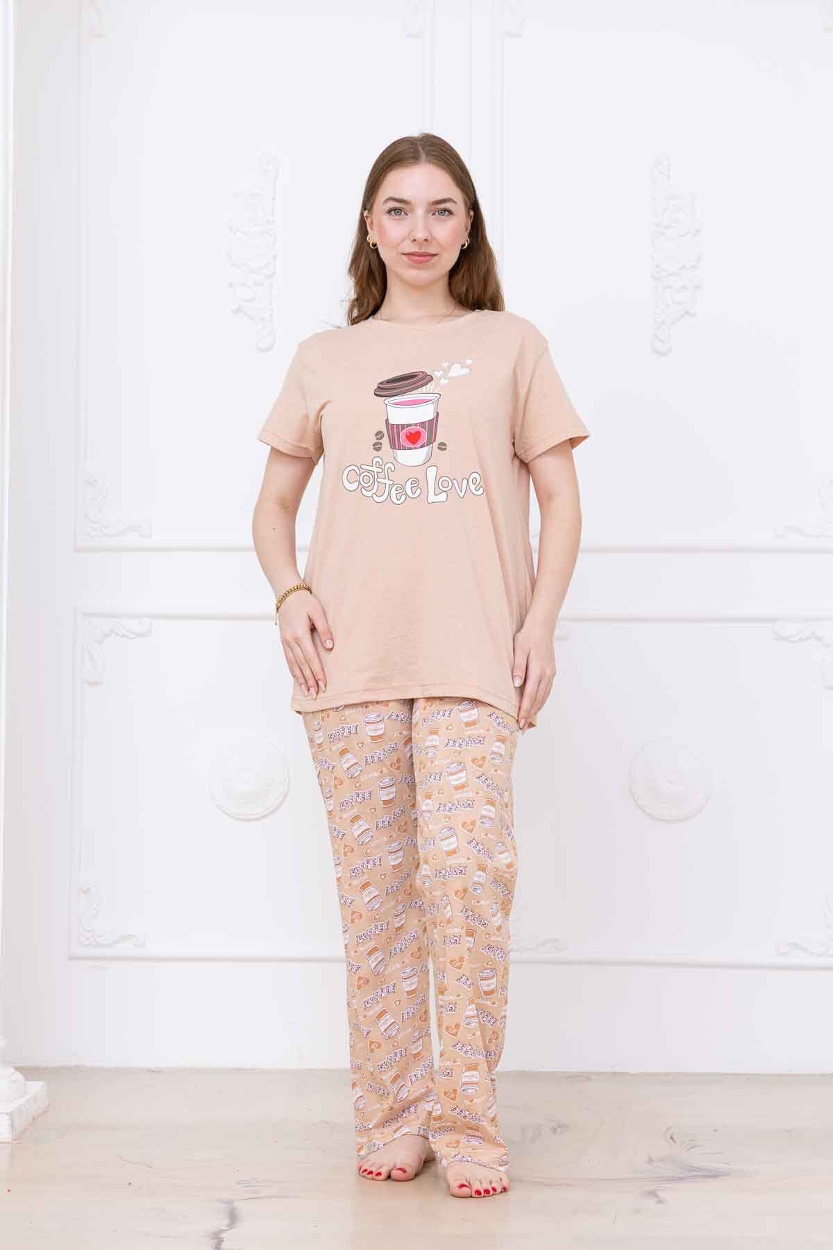 MyRia Kadın Kahve Desenli Pijama Takımı Bej