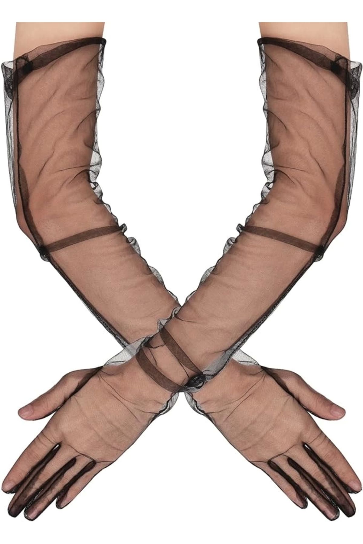 İnnMerry Uzun Boy Likralı Siyah Renk Yetişkin Mega Tül Eldiven 53 cm (5047)
