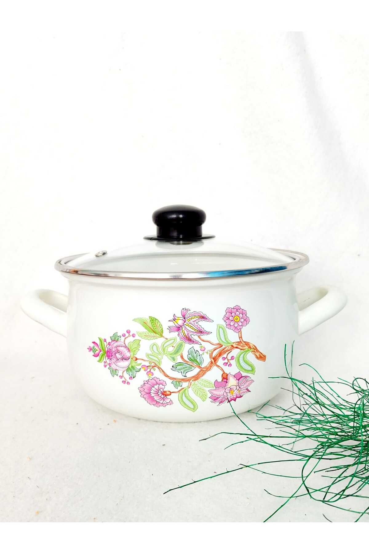 EBRULİEMAYE PEMBE KARANFİL EMAYE TENCERE 4 LİTRE 22 CM SÜT YOĞURT ÇORBA GÜVEÇ TENCERESİ