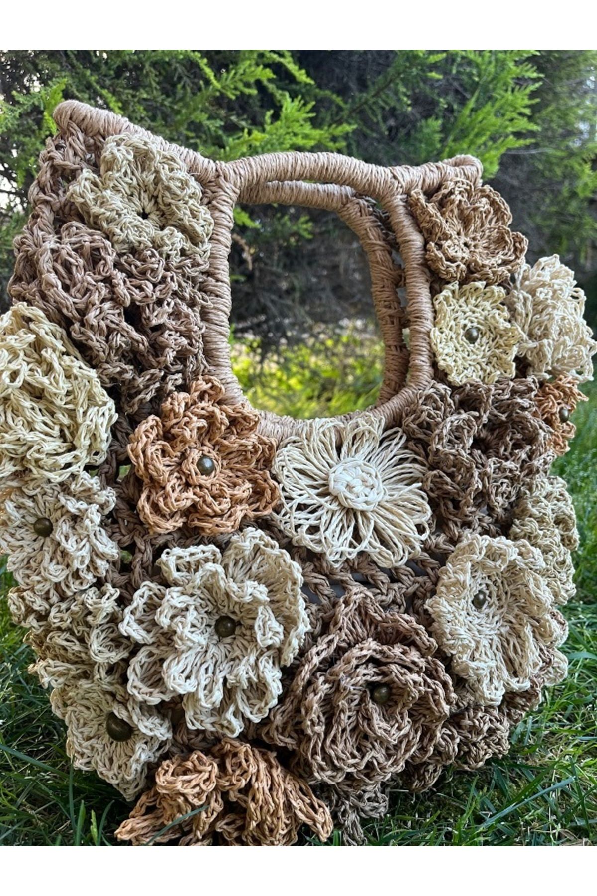 MSS ATALIER ÇİFT KAT KAĞIT İP PİNTEREST TOTE KADIN HASIR EL ÇANTASI,ÇİÇEK DETAYLI,GÜNLÜK GECE ,SHOPPER ,BOHEM