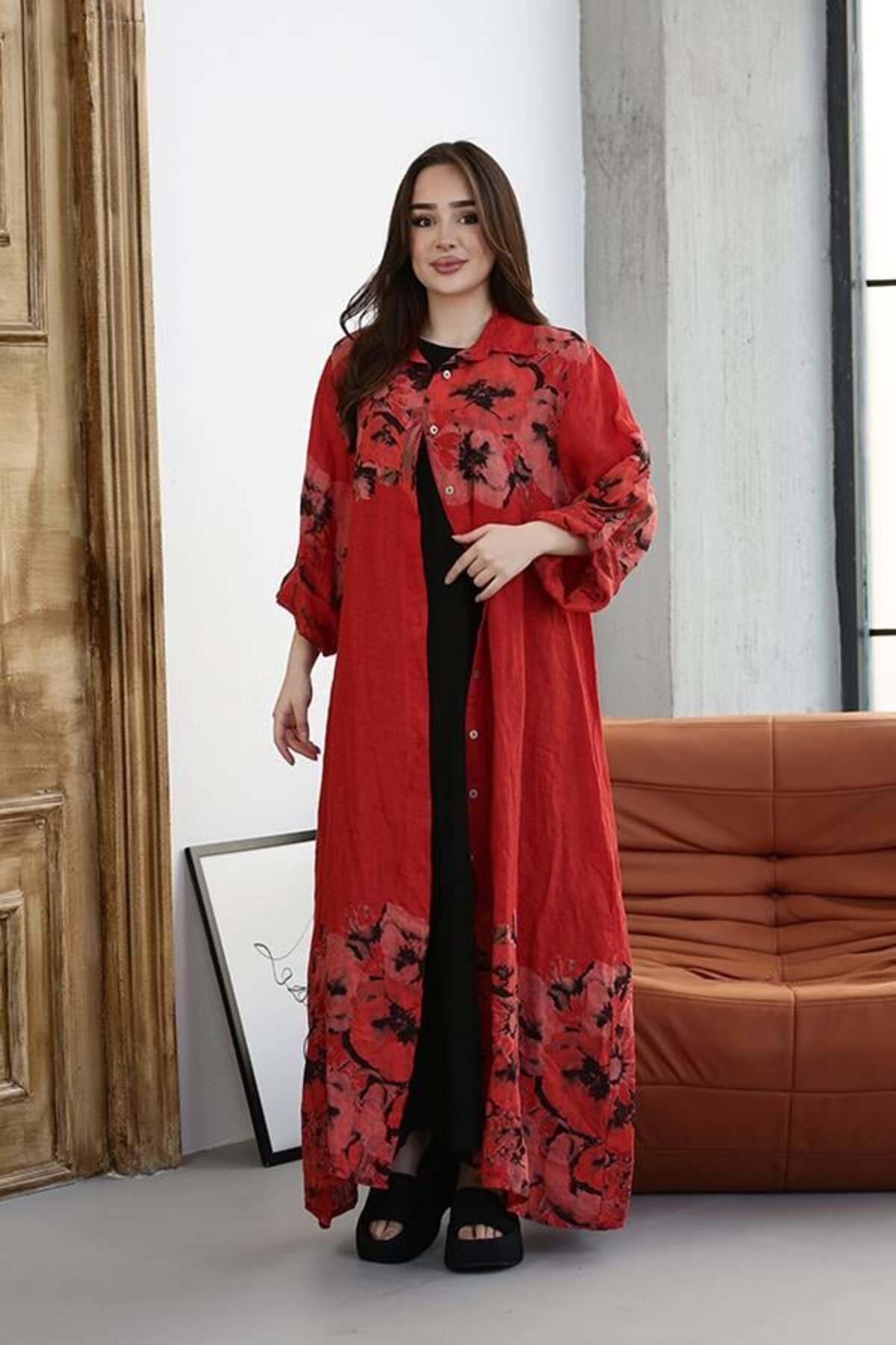 Ranasubaşı %100 Keten Çiçek Desenli Gömlek Elbise Kırmızı