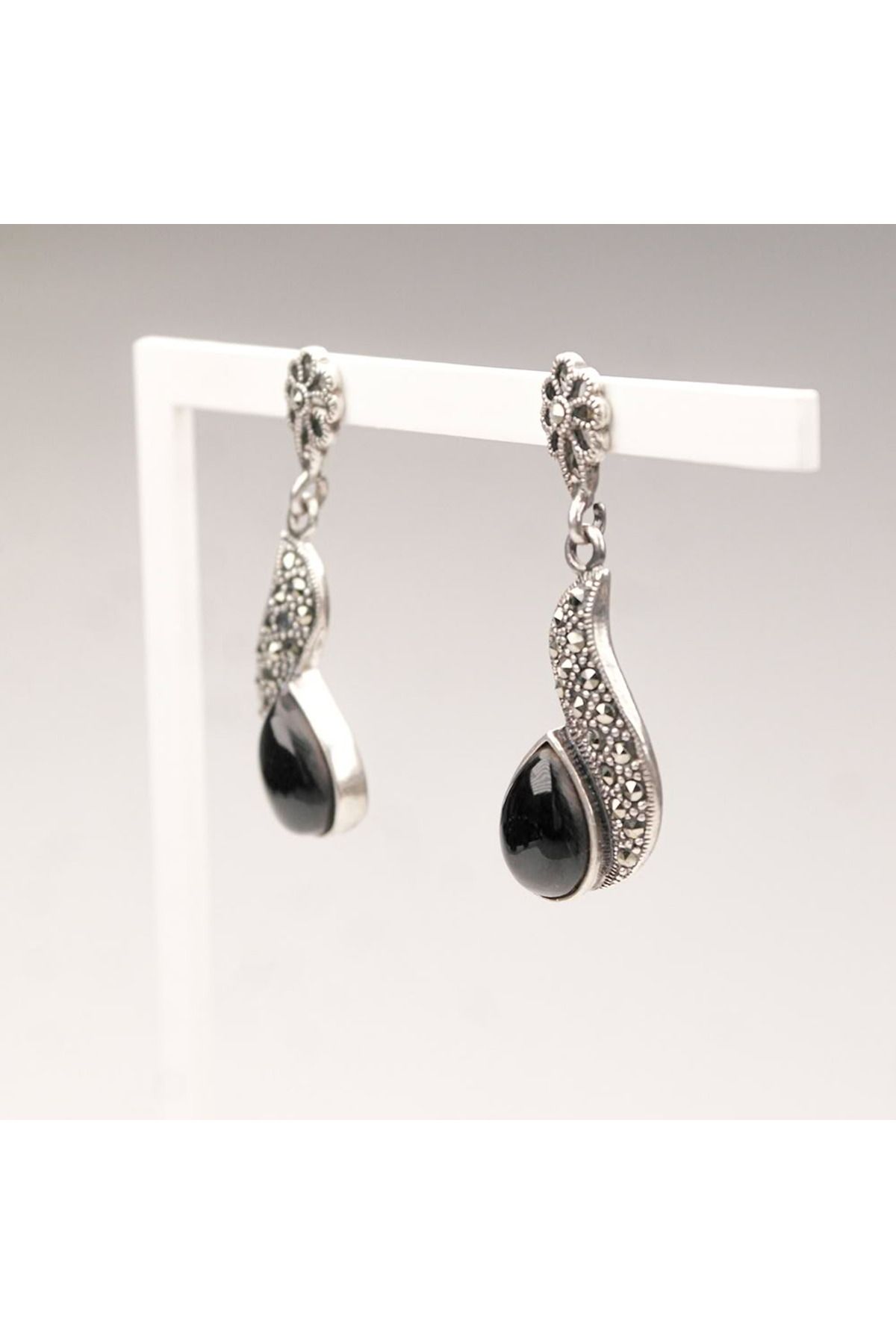 Skygo-Marcasite Stone Silver Drop Oltu Stone Earrings 1