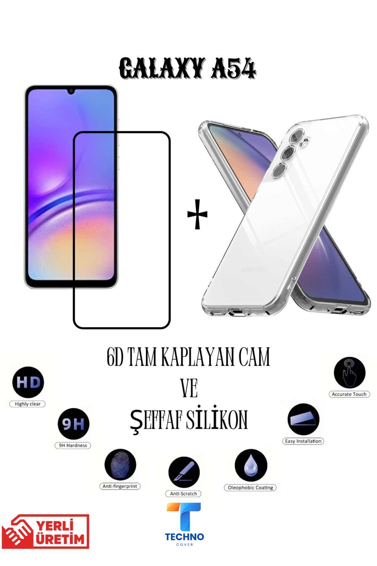foxpower Samsung A54 6D Tam Kaplayan Ekran Koruyucu ve Şeffaf Kılıf 2li Avantajlı Paket