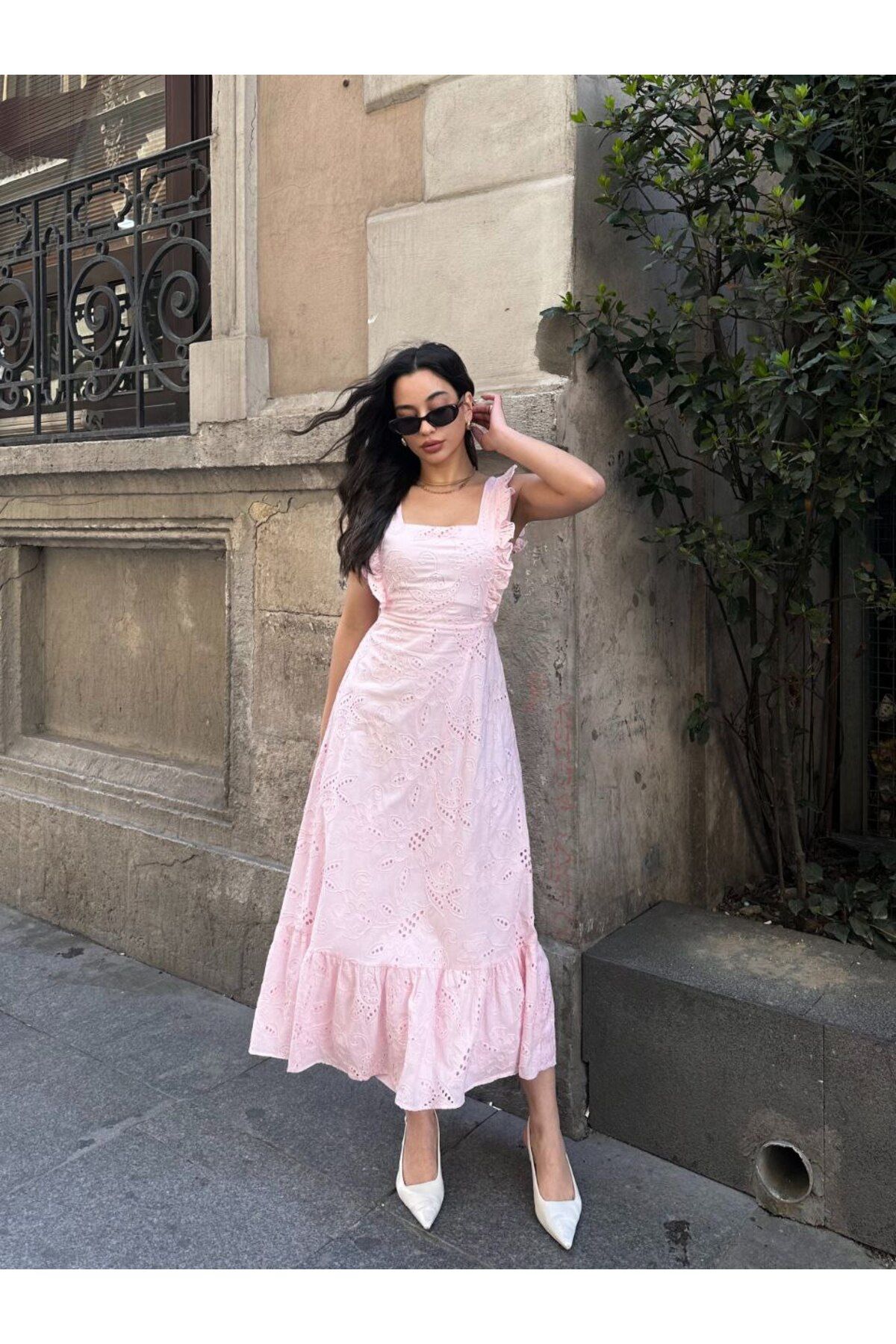 Viskosa Dantel Midi Elbise Kadın, Fırfırlı Askılı Kare Yaka Şık Yazlık Elbise, Moda