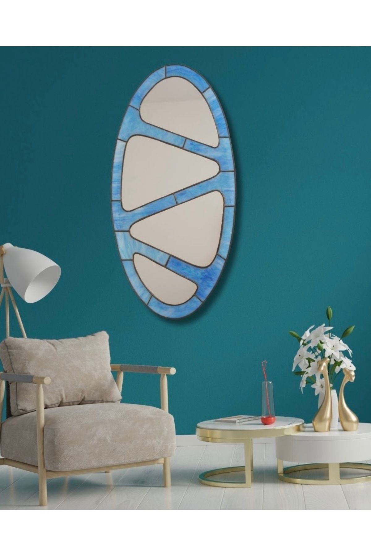 ÖZTÜRKLERİNŞAAT Vitray oval mavi opal cam ayna