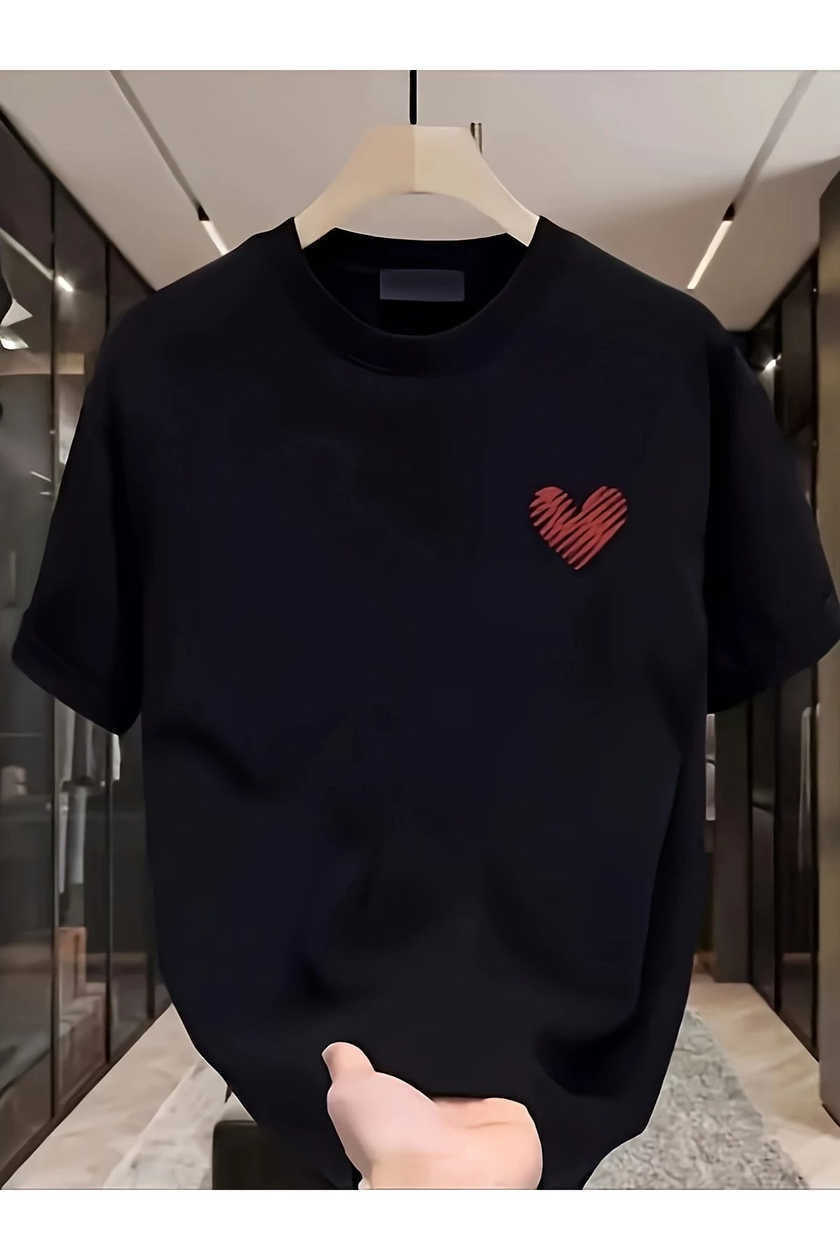 ELNOYA Pamuklu Oversize Heart Baskılı Kısa Kollu Bisiklet Yaka Rahat Günlük T-shirt